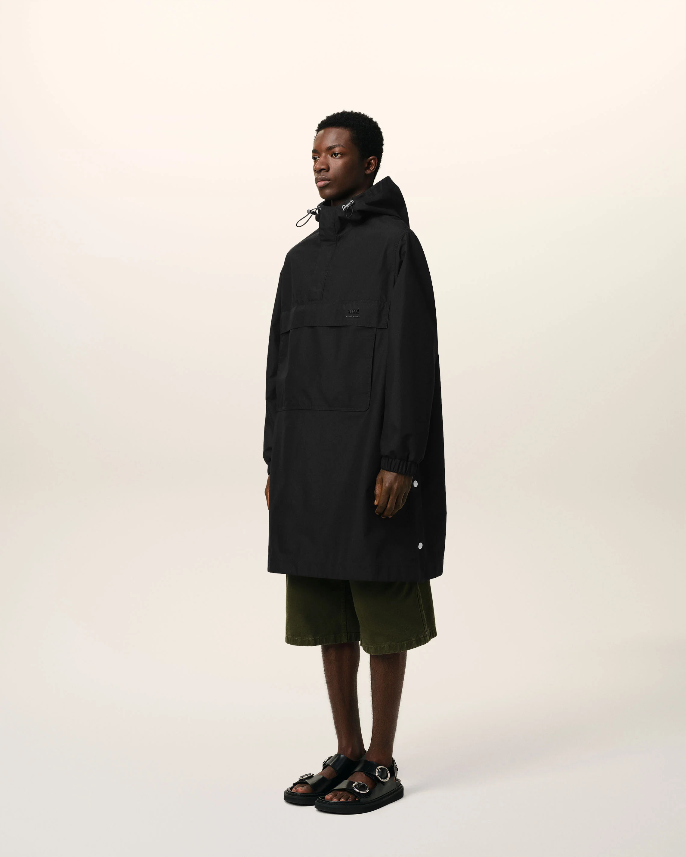 Black Water-repellent Long Hooded Windbreaker