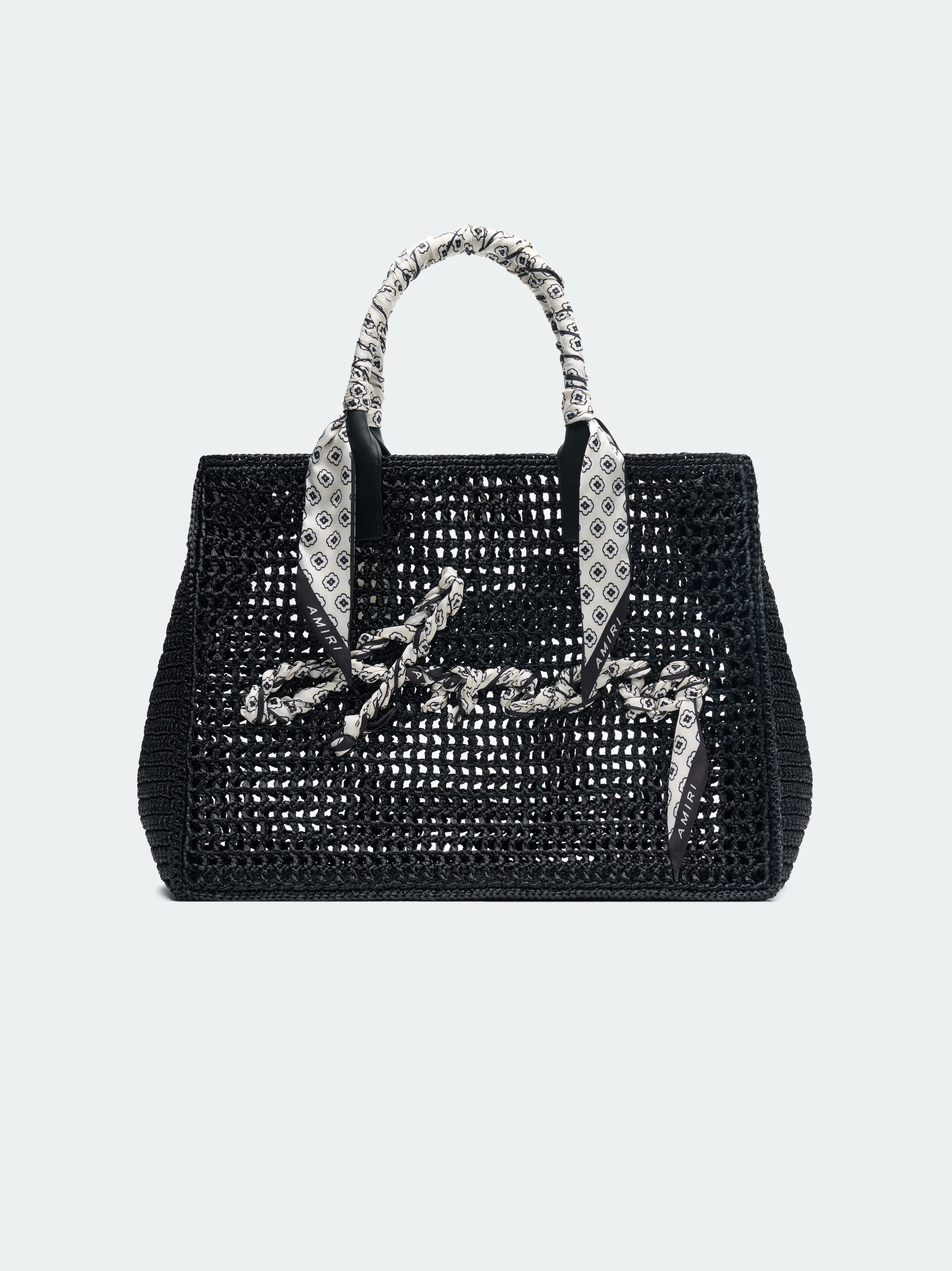 OPEN WEAVE RAFFIA TOTE BAG - Black