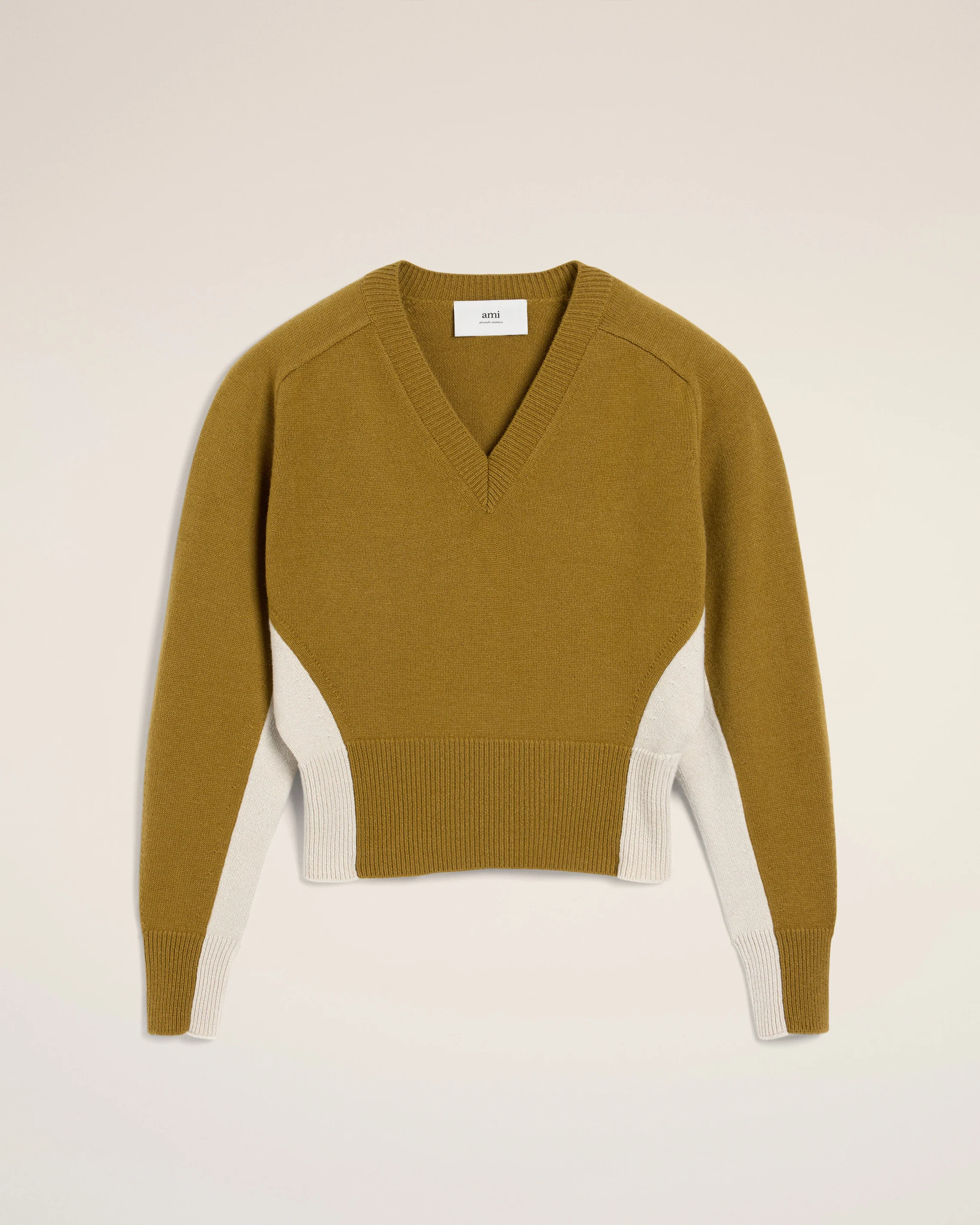 Khaki Wool Knit Bicolor V Neck Sweater