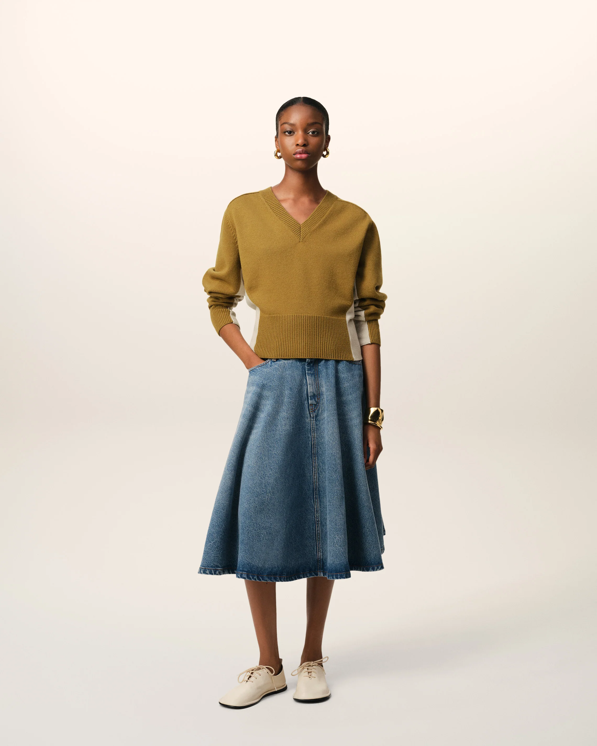 Khaki Wool Knit Bicolor V Neck Sweater