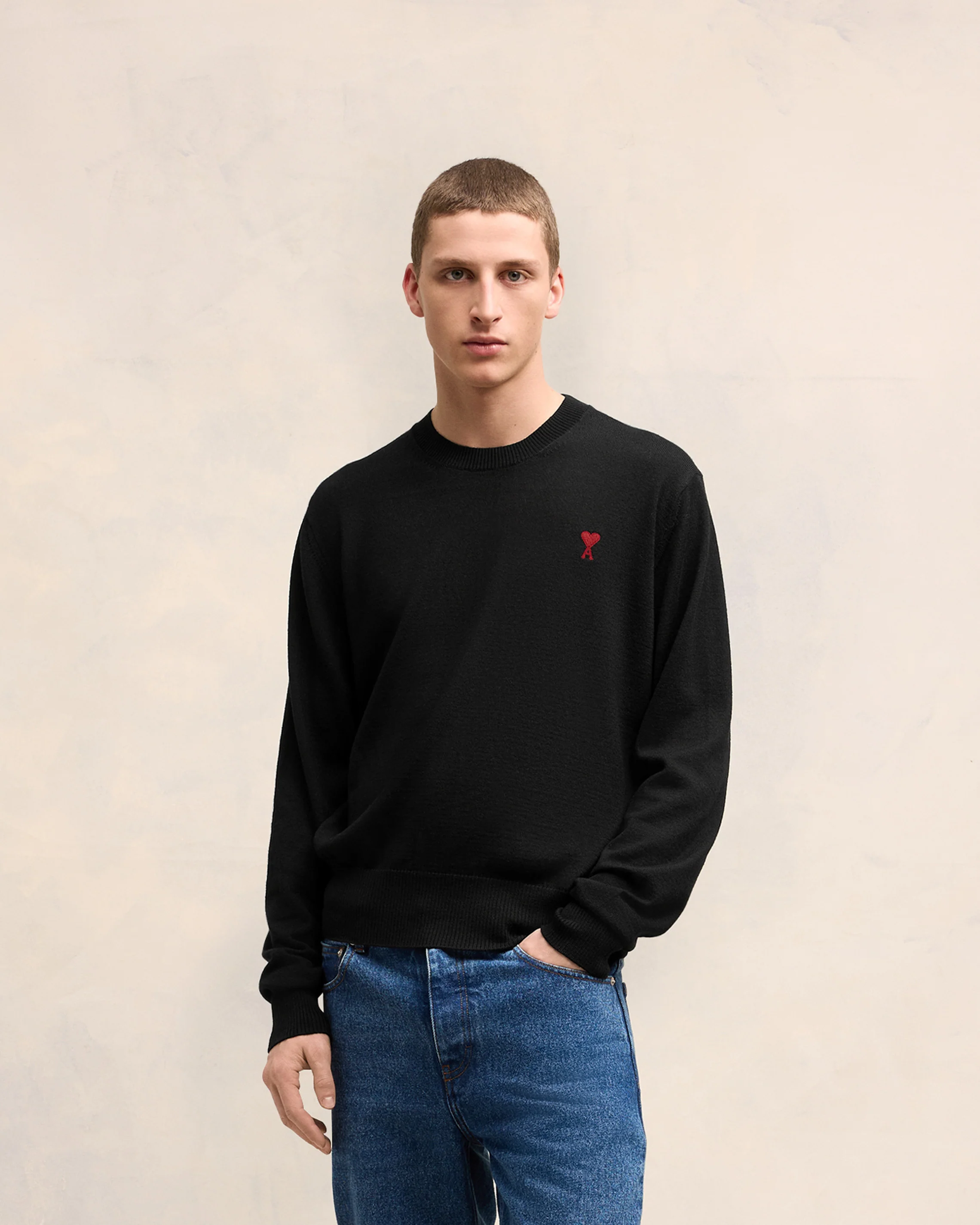 Black Wool Ami de Coeur Crew Neck Sweater