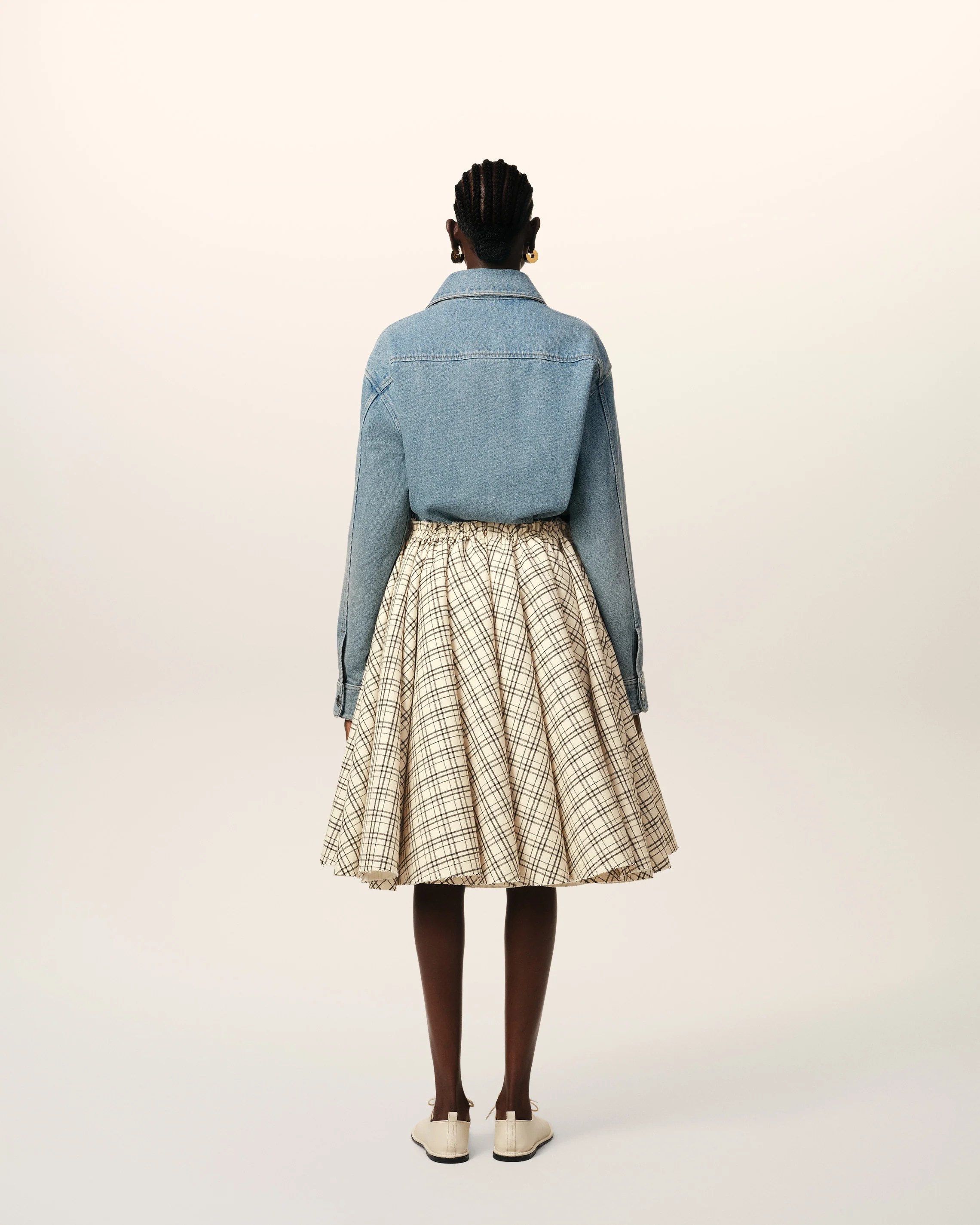 Beige Checked Wool Skirt With Godets