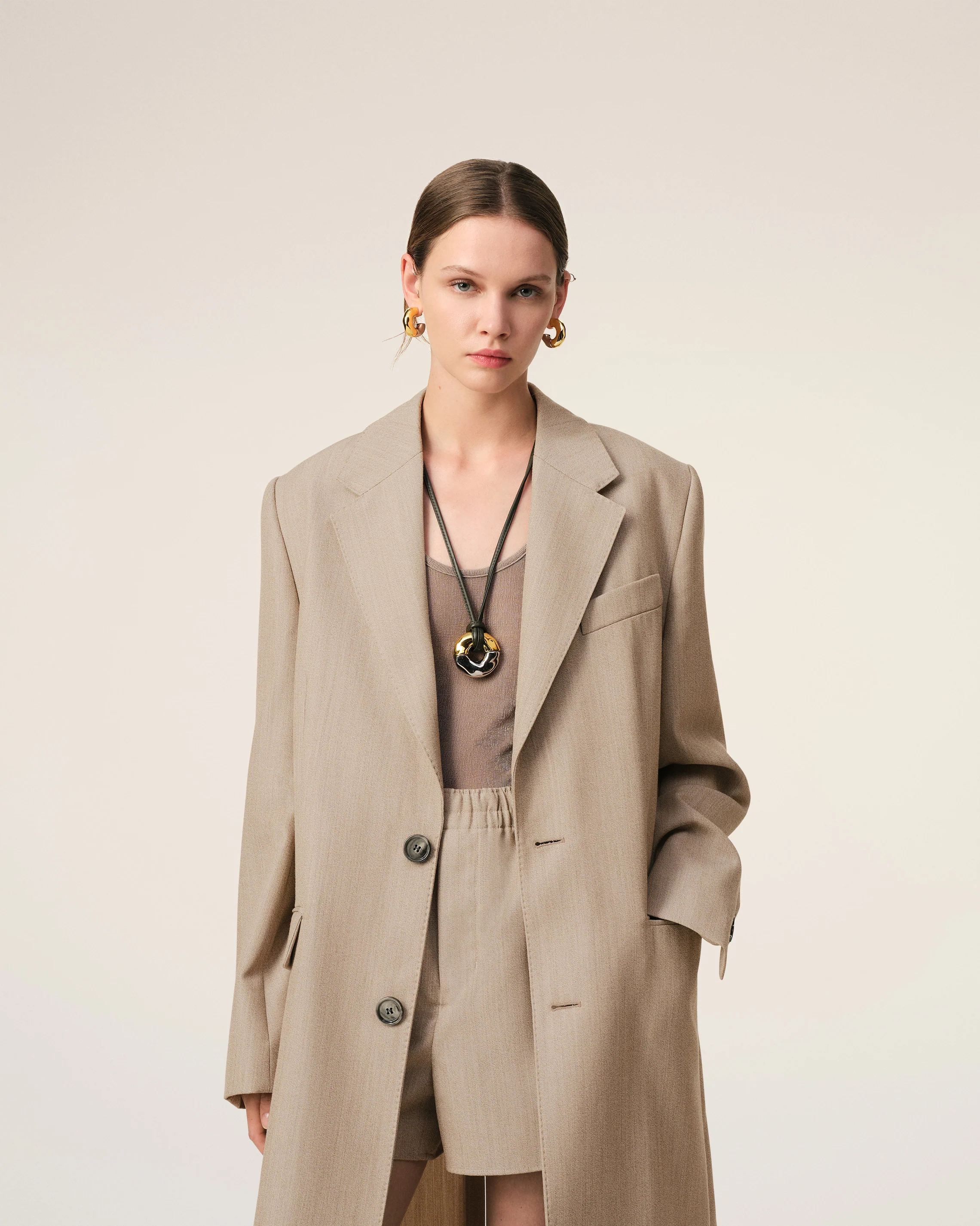 Beige Wool Back Slit Long Coat