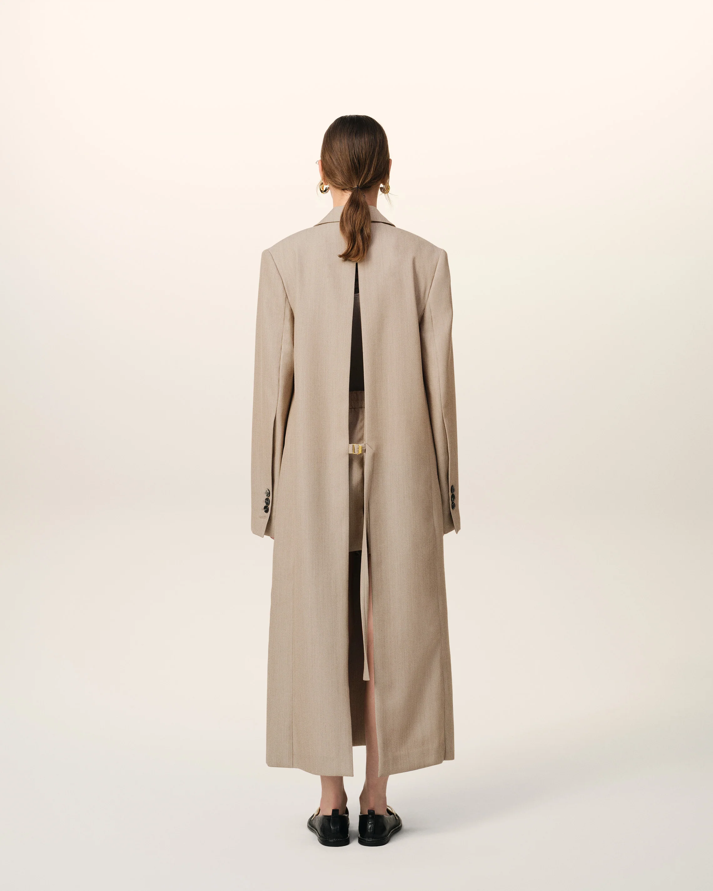 Beige Wool Back Slit Long Coat