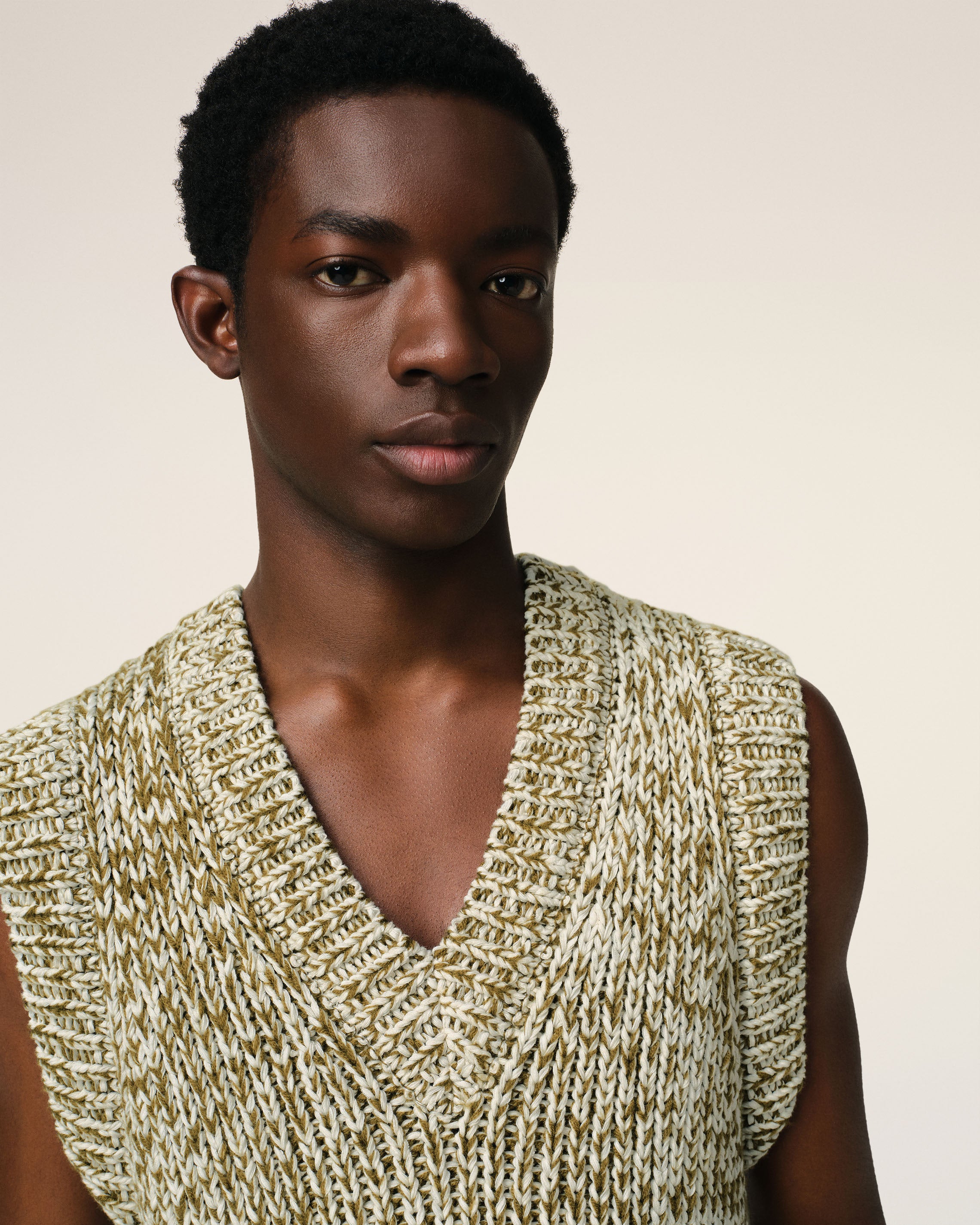 Green Cotton And Wool Sleeveless V Neck Sweater