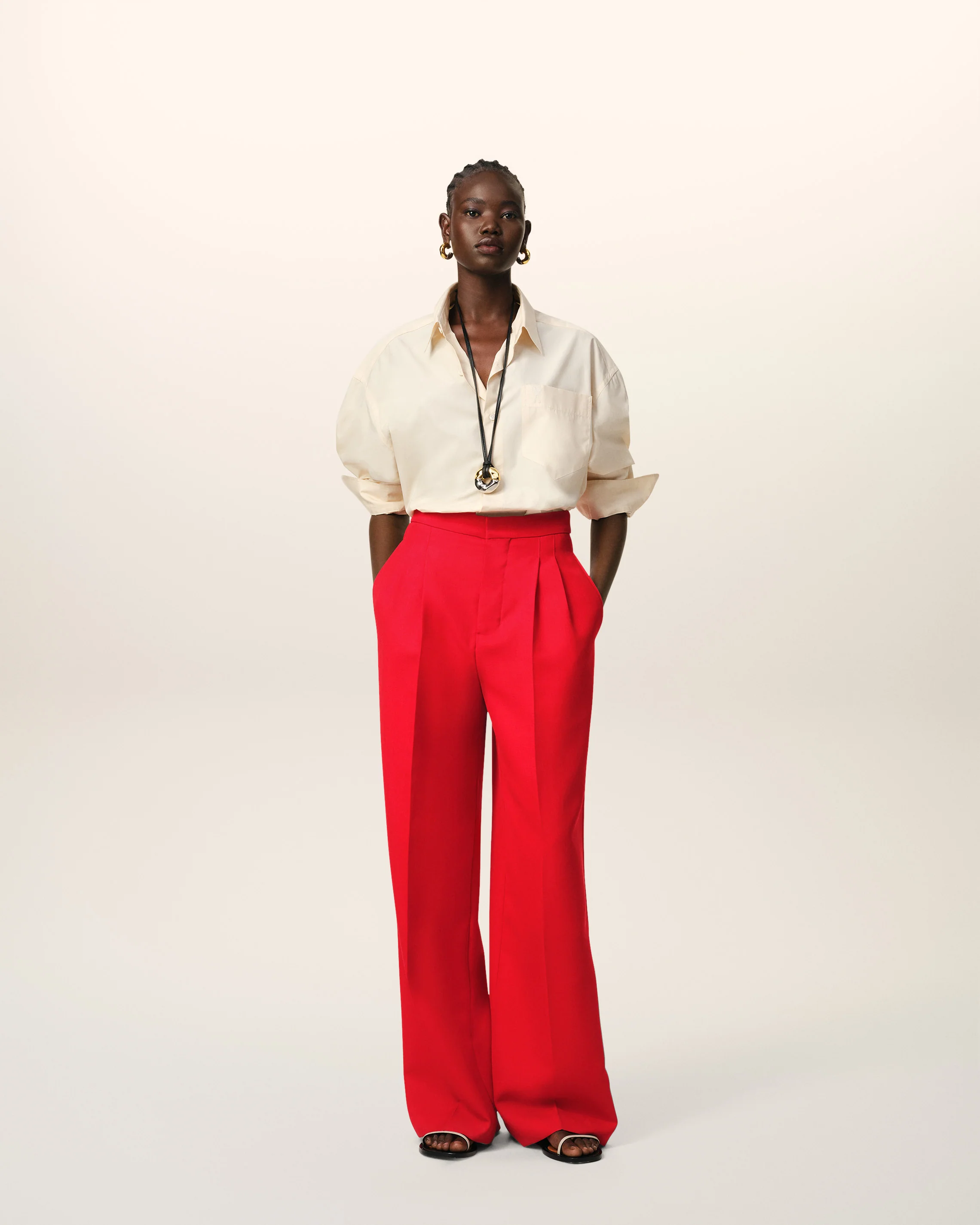 Red Wool High Waist Large Trousers