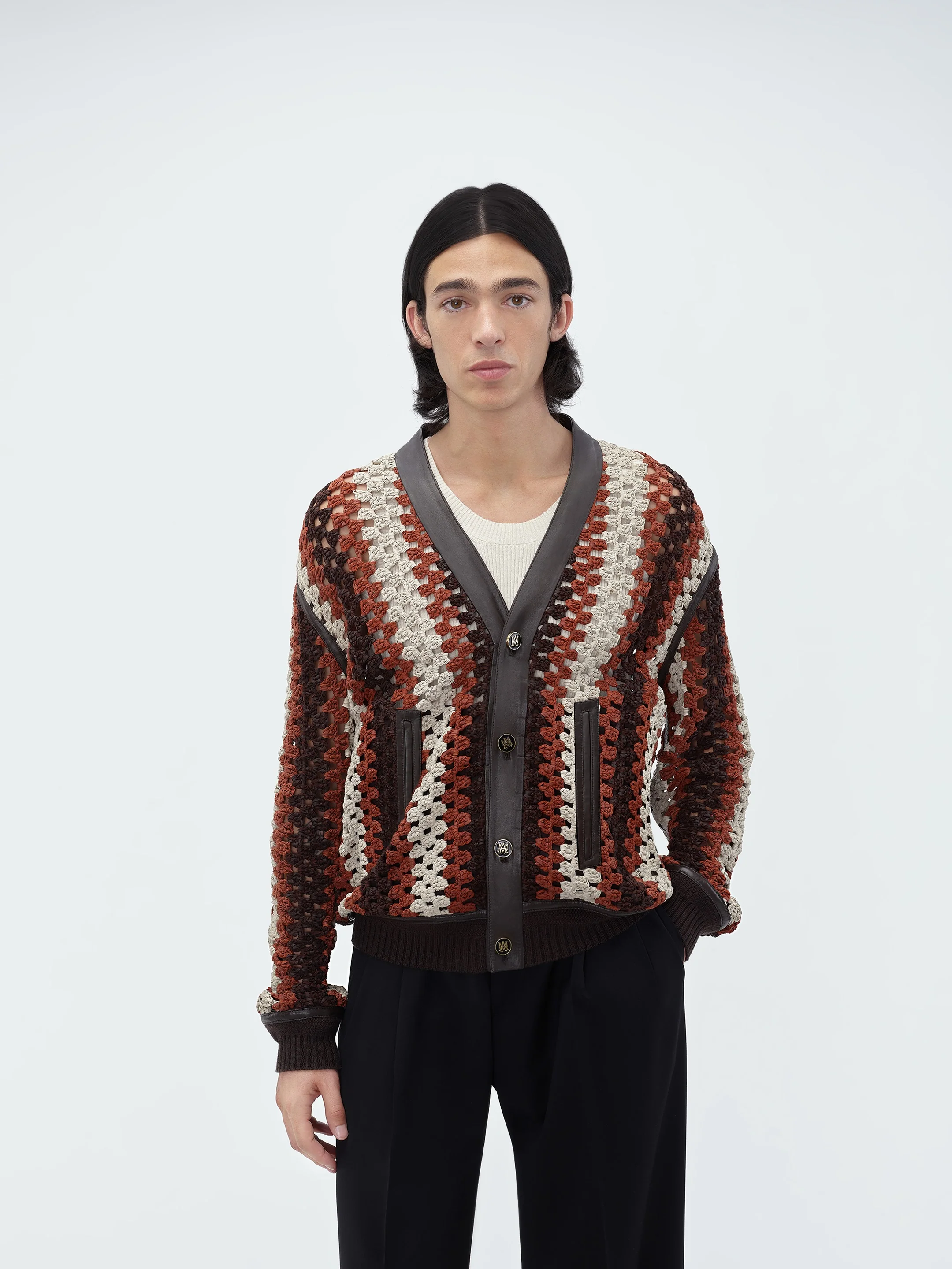 CROCHET KNIT LEATHER CARDIGAN - Shaved Chocolate