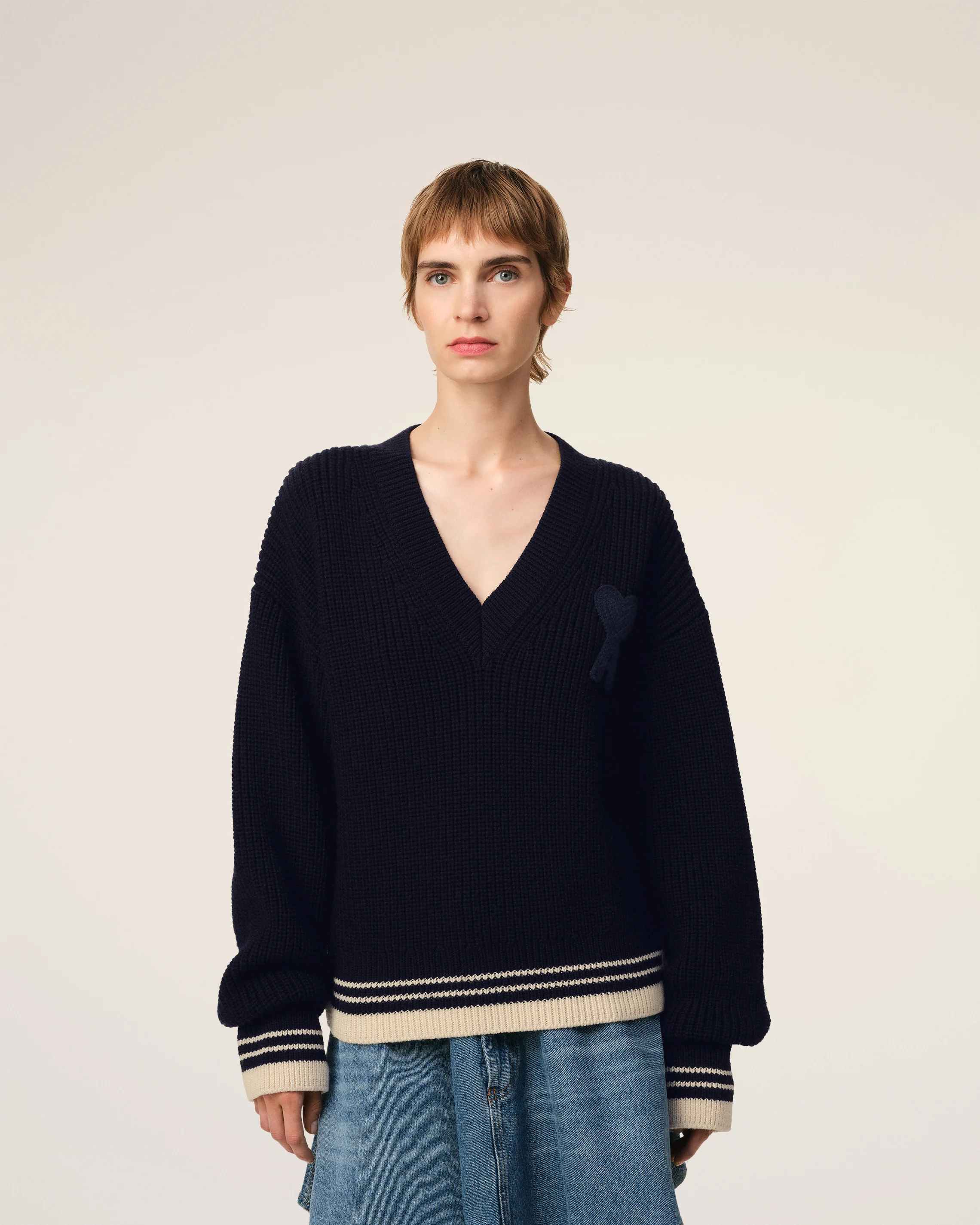 Navy Wool Ribbed V Neck Sweater