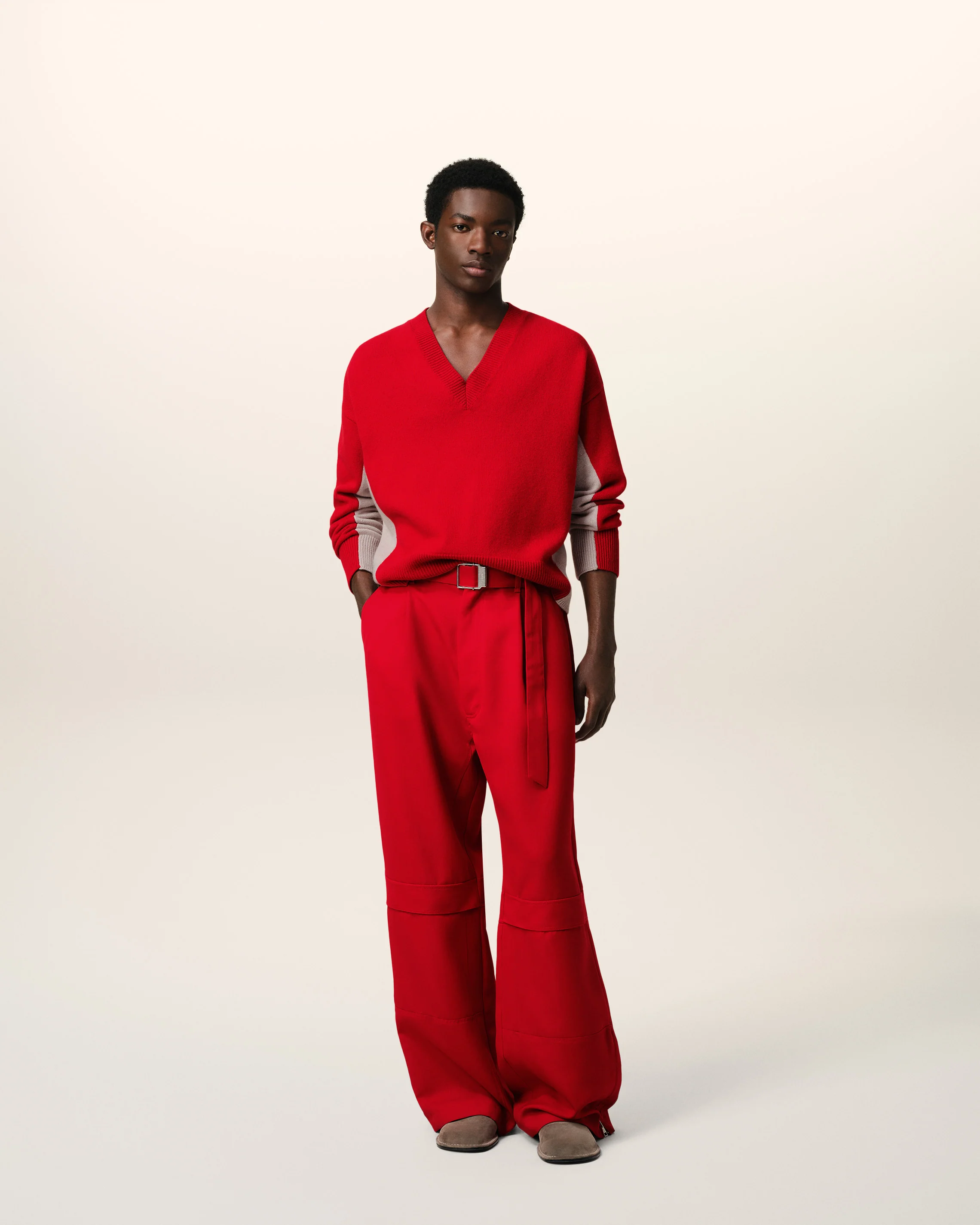 Red Wool Knit Bicolor V Neck Sweater