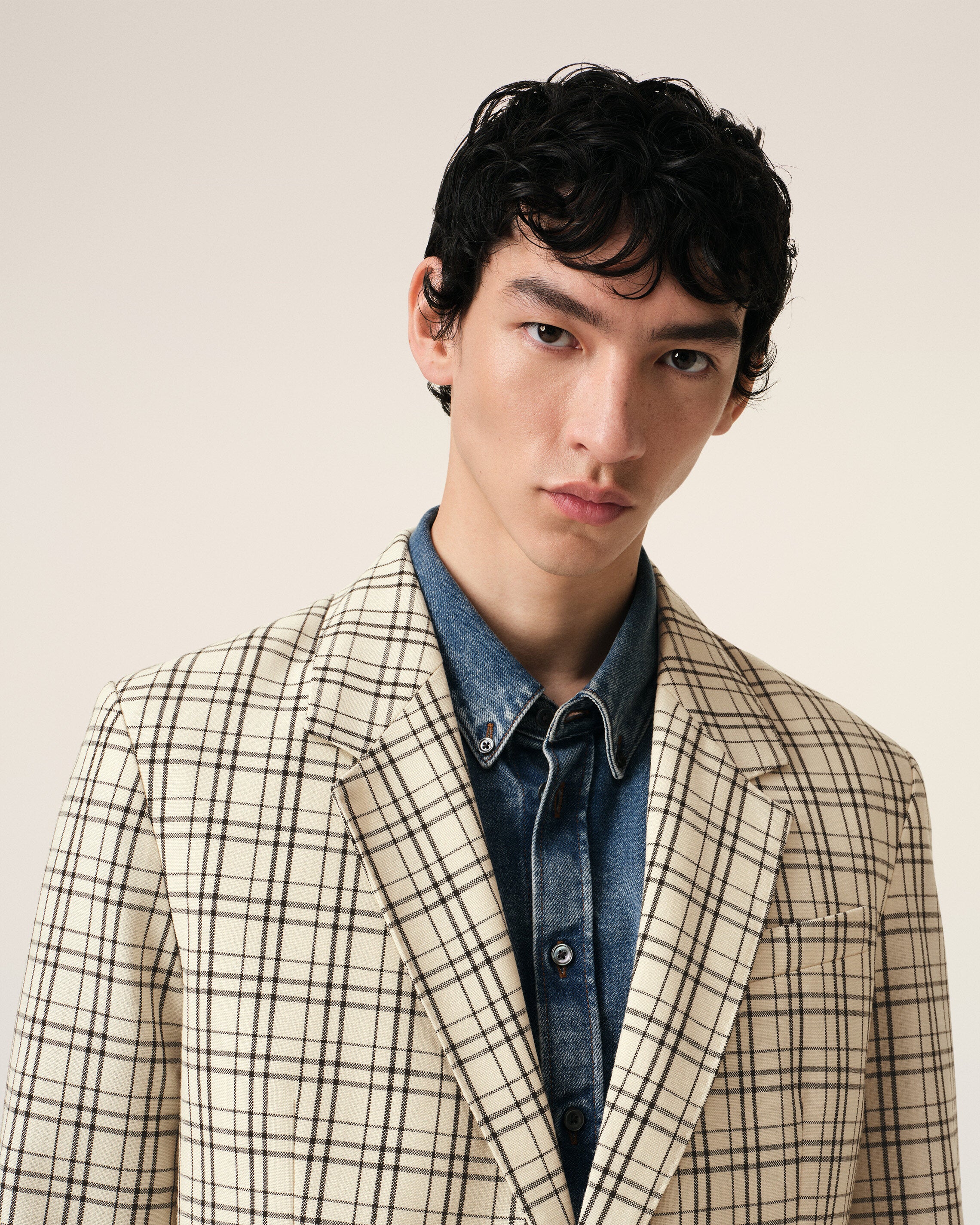 Beige Checked Wool Semi-Lined Jacket