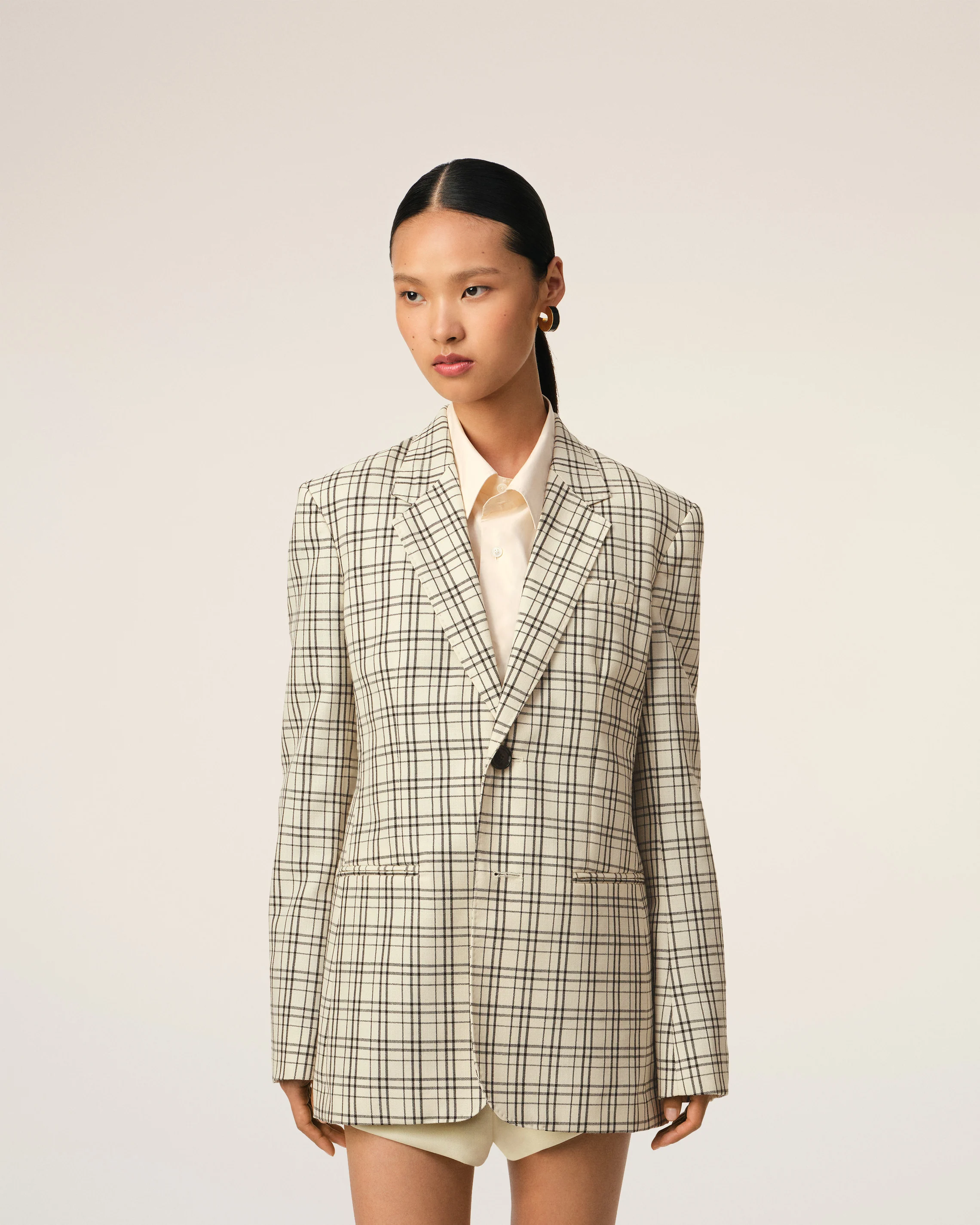 Beige Checked Wool Semi-Lined Jacket