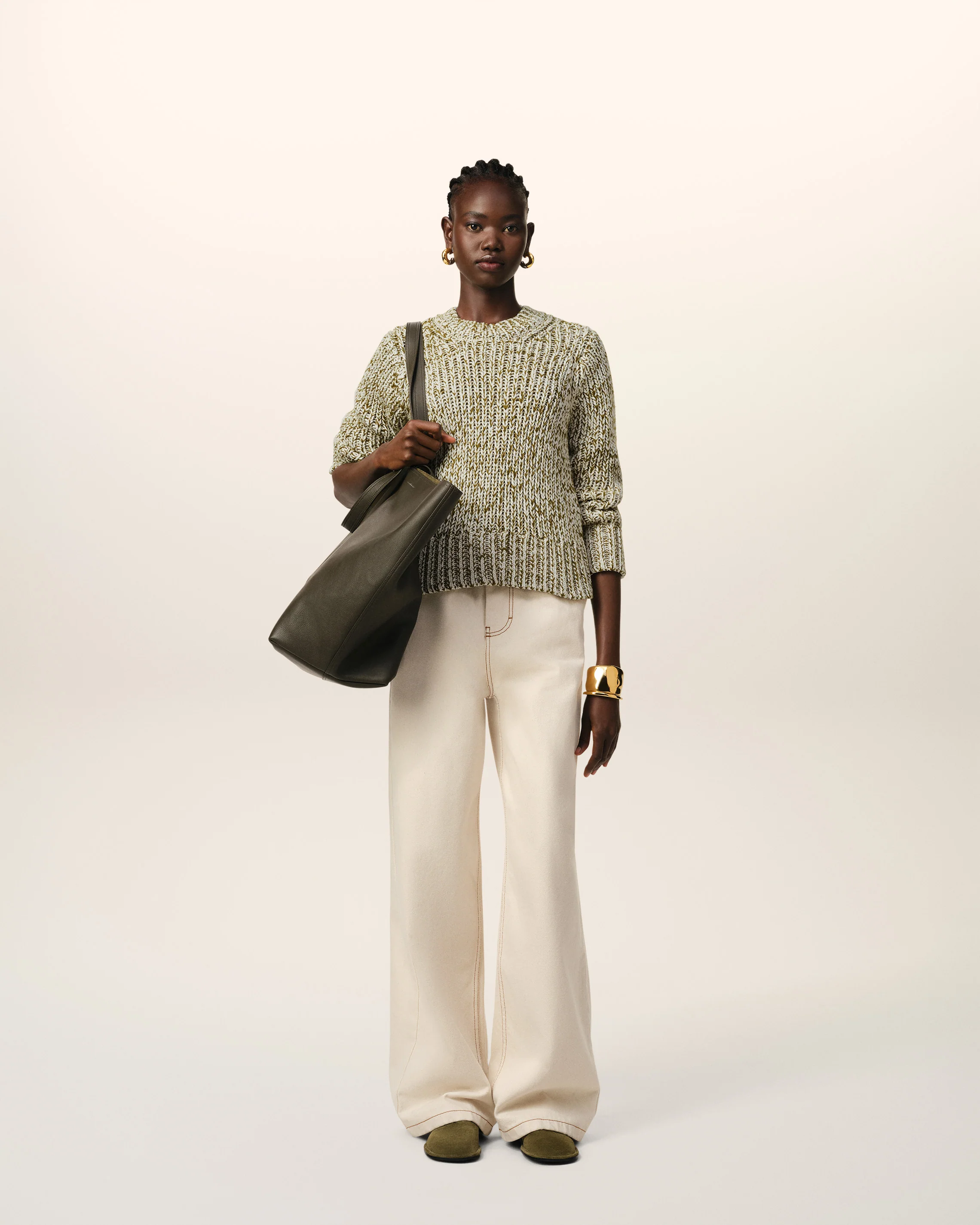 Green Mouliné Textured Knit Crewneck Sweater