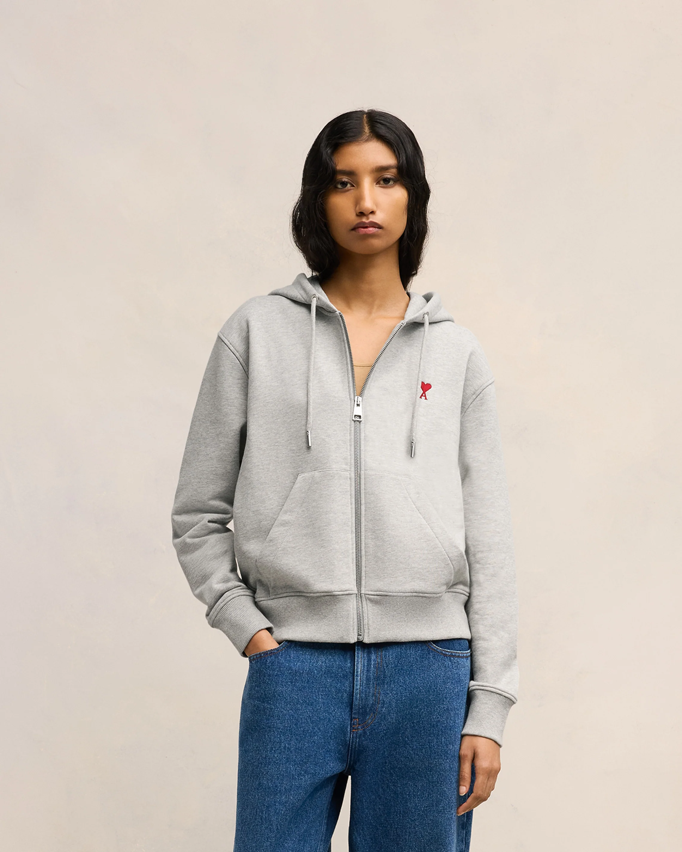 Grey Cotton Ami de Coeur Zipped Hoodie