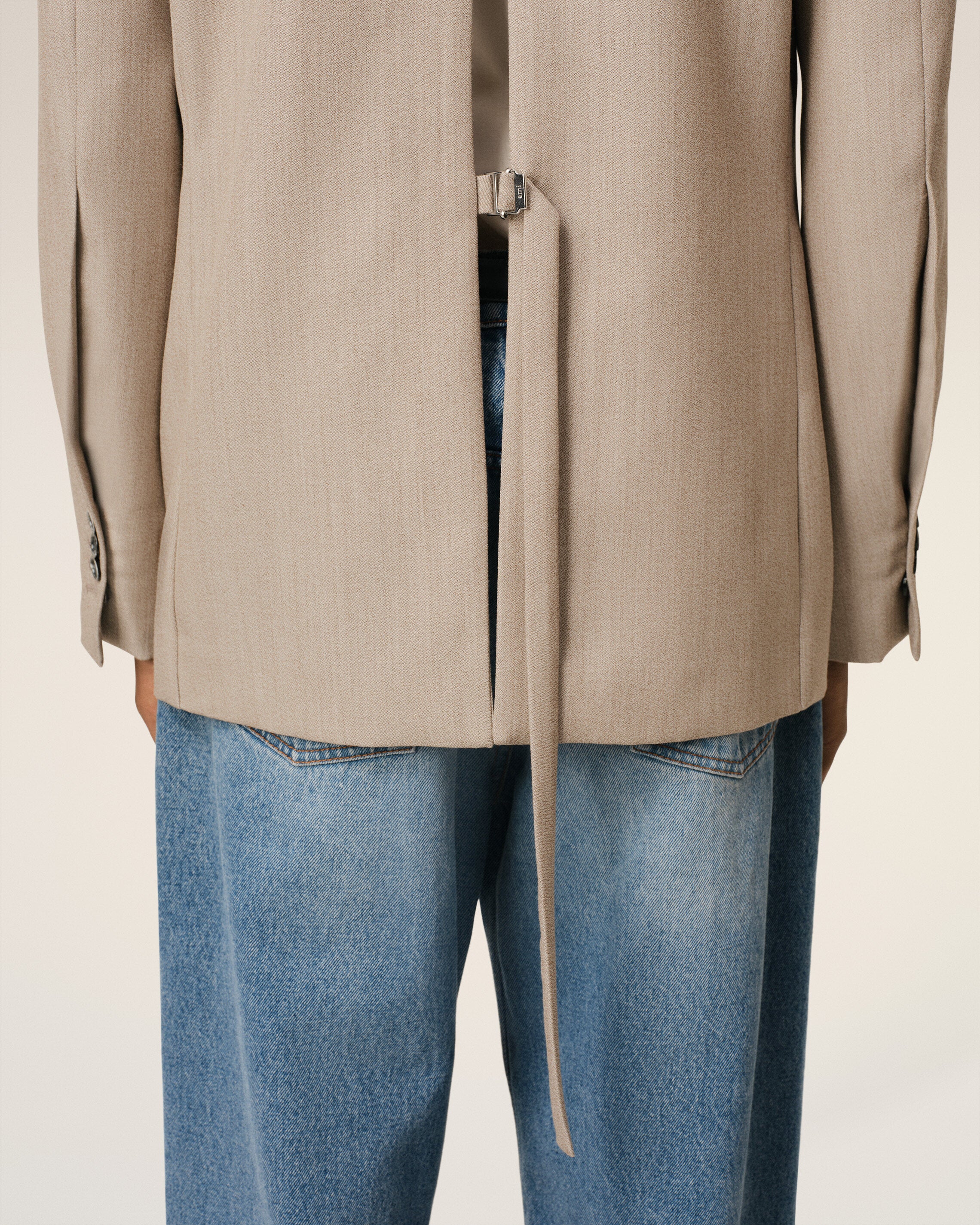 Beige Wool Back Slit Double Breasted Jacket