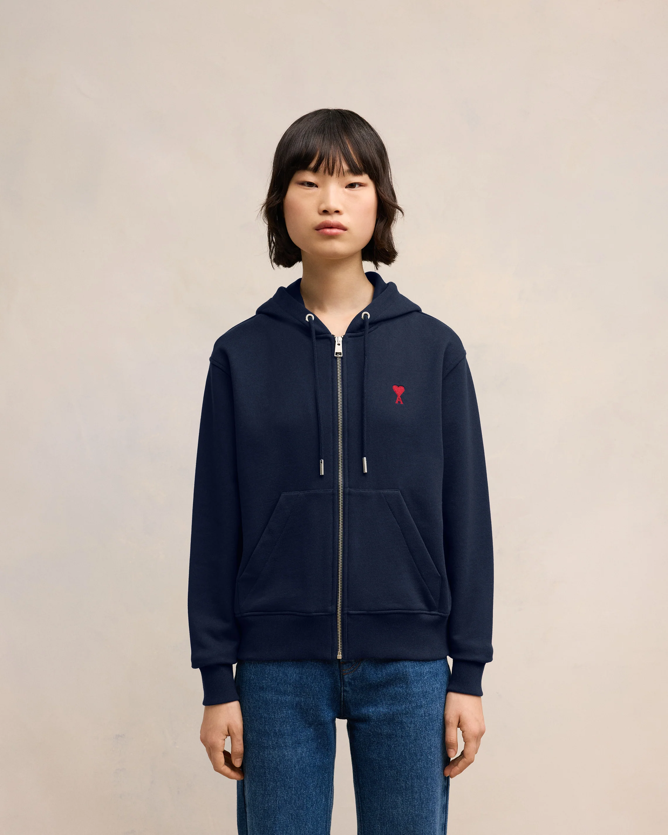 Navy Cotton Ami de Coeur Zipped Hoodie