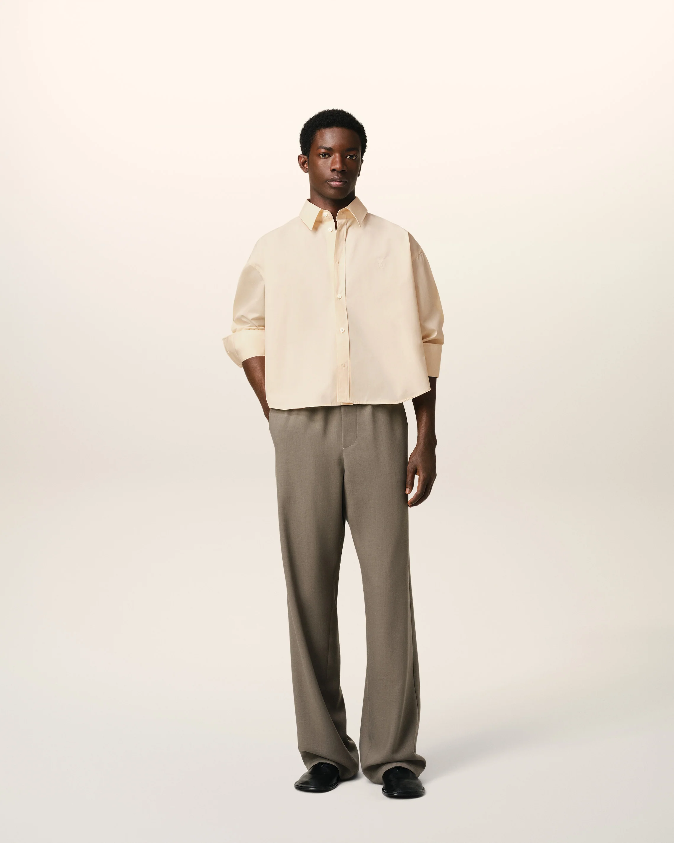 Beige Cotton Cropped Oversized Shirt