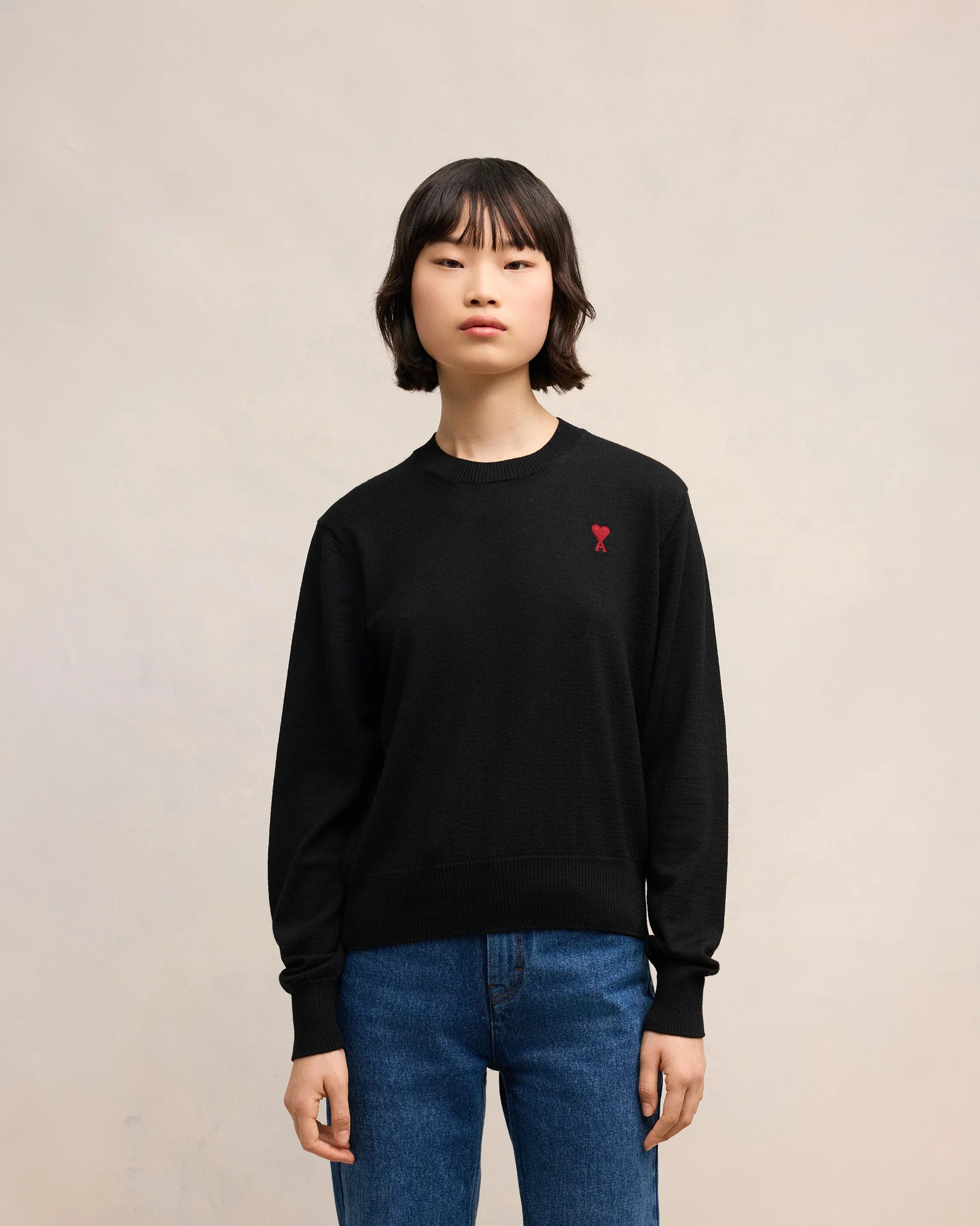 Black Wool Ami de Coeur Crew Neck Sweater
