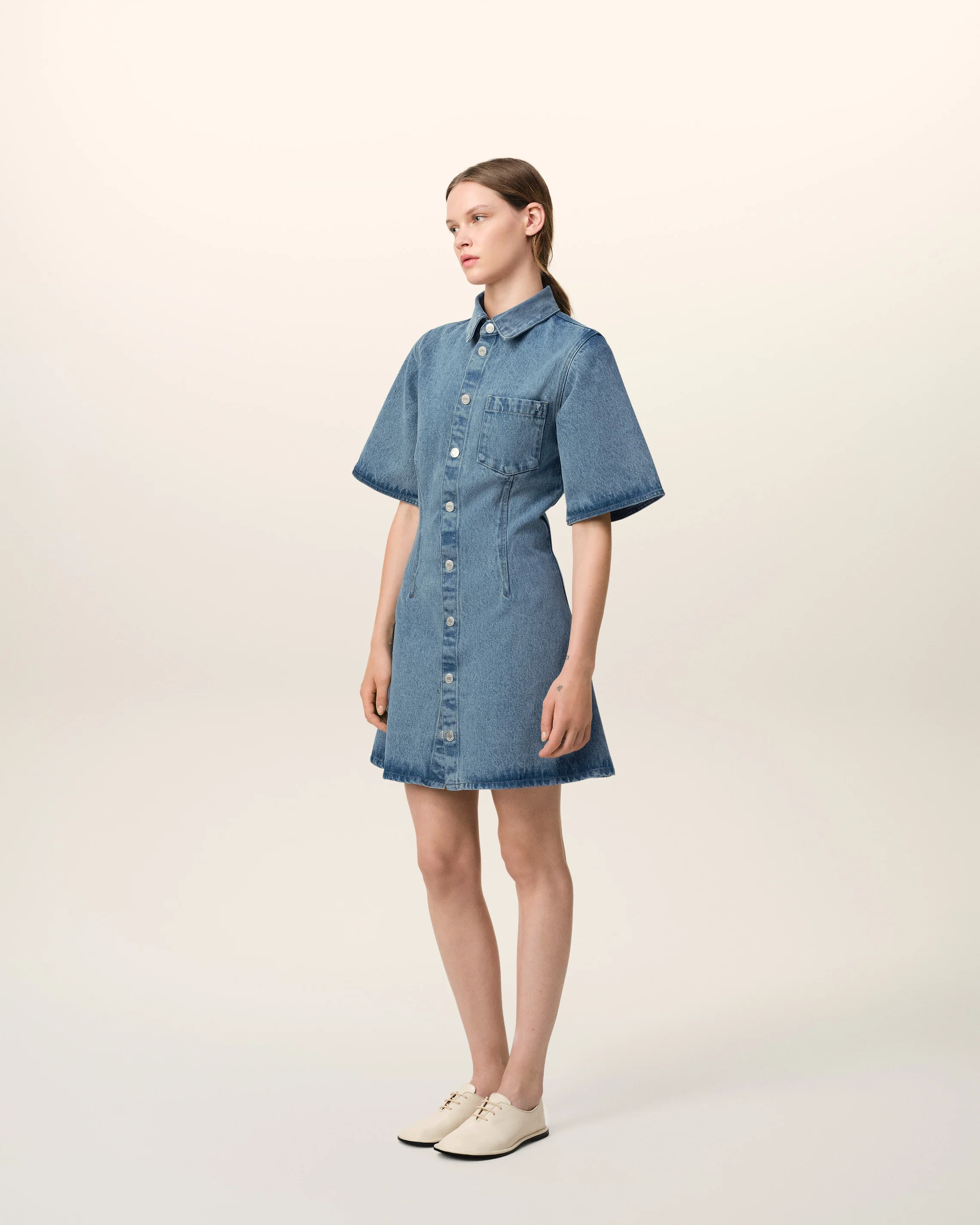 Blue Cotton Short Sleeve Shirt Dress