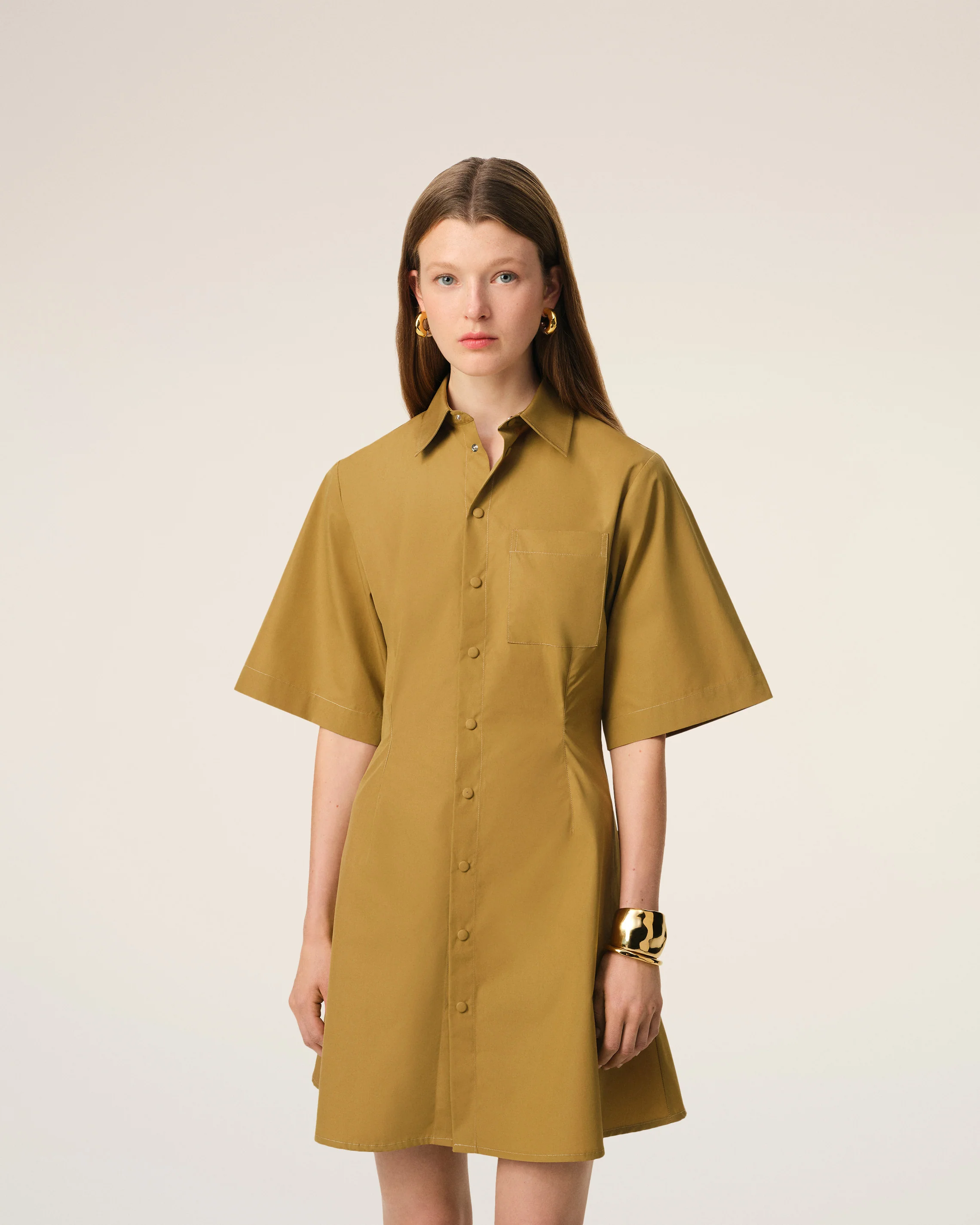 Mustard Cotton Short Sleeve Shirt Dress