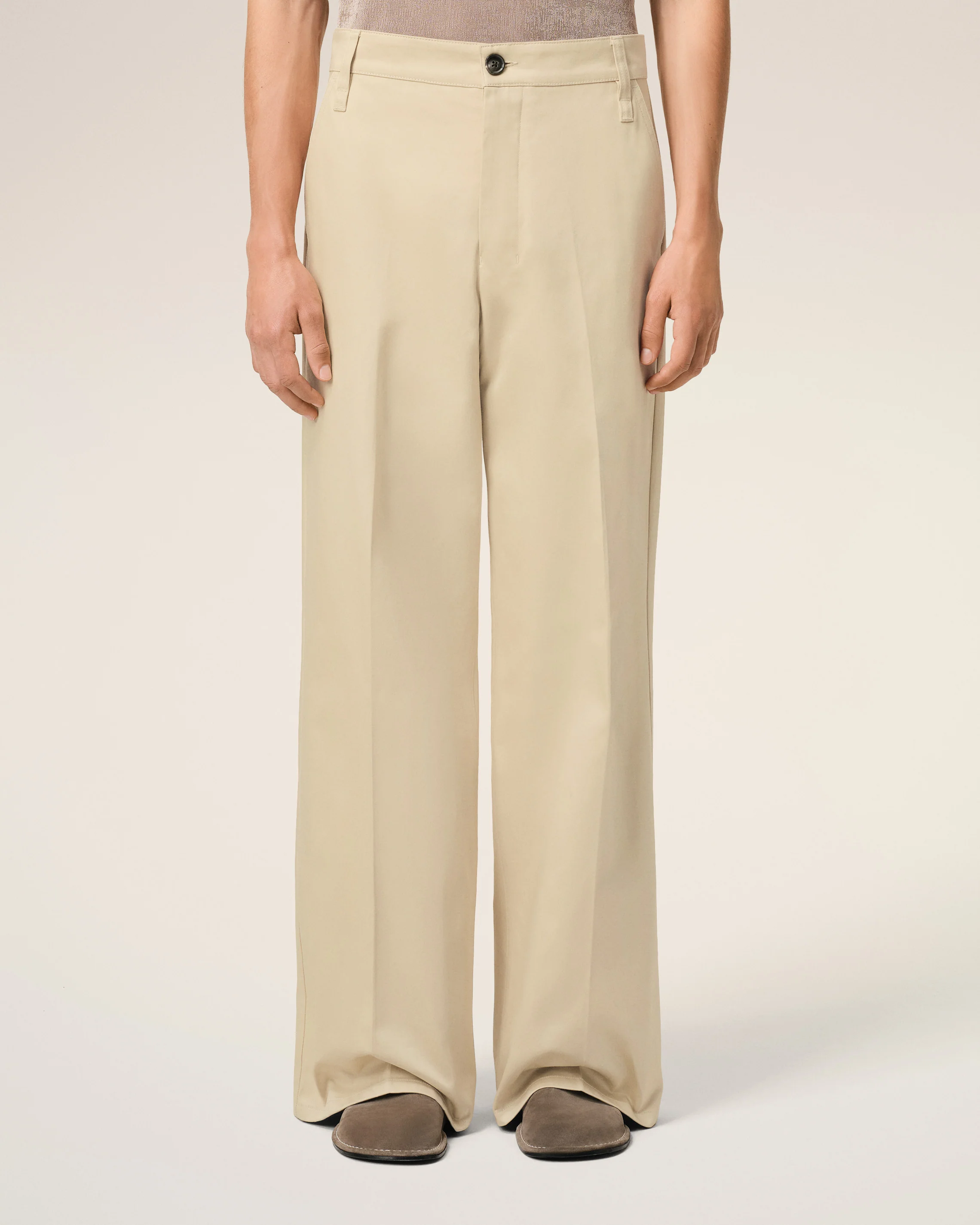 Beige Cotton Baggy Fit Trousers