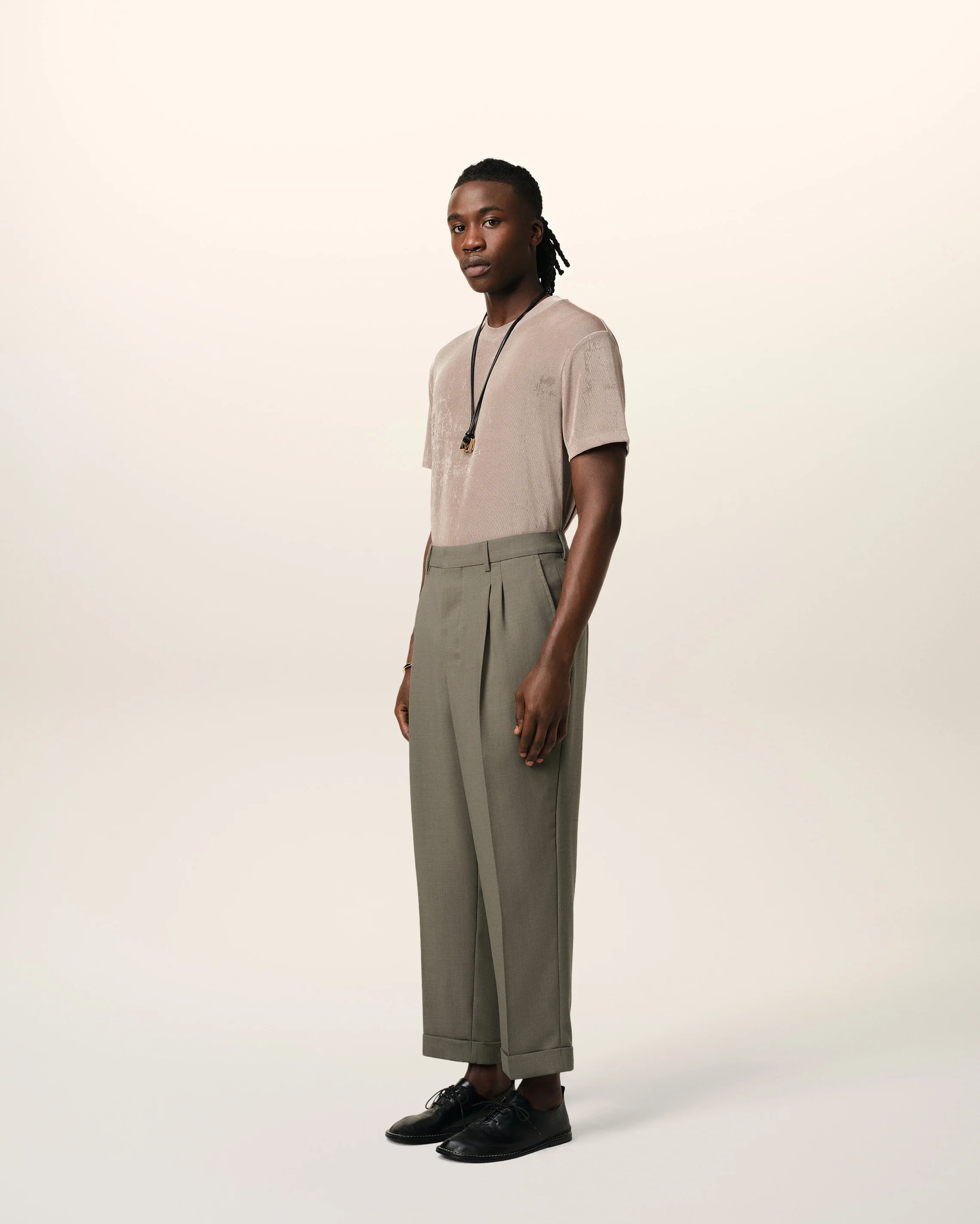 Taupe Wool Carrot Fit Trousers
