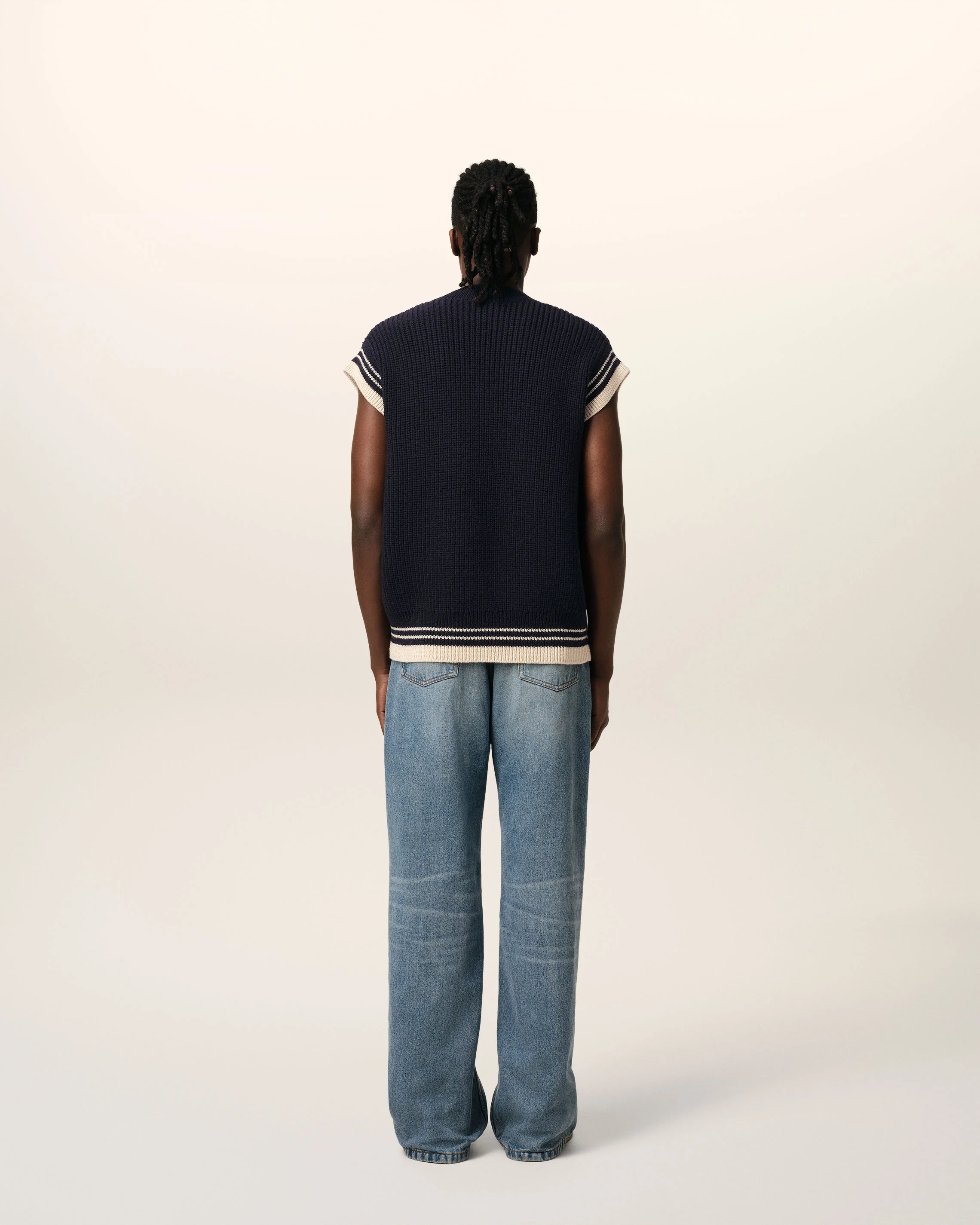 Navy Wool Ribbed Sleeveless V Neck Sweater