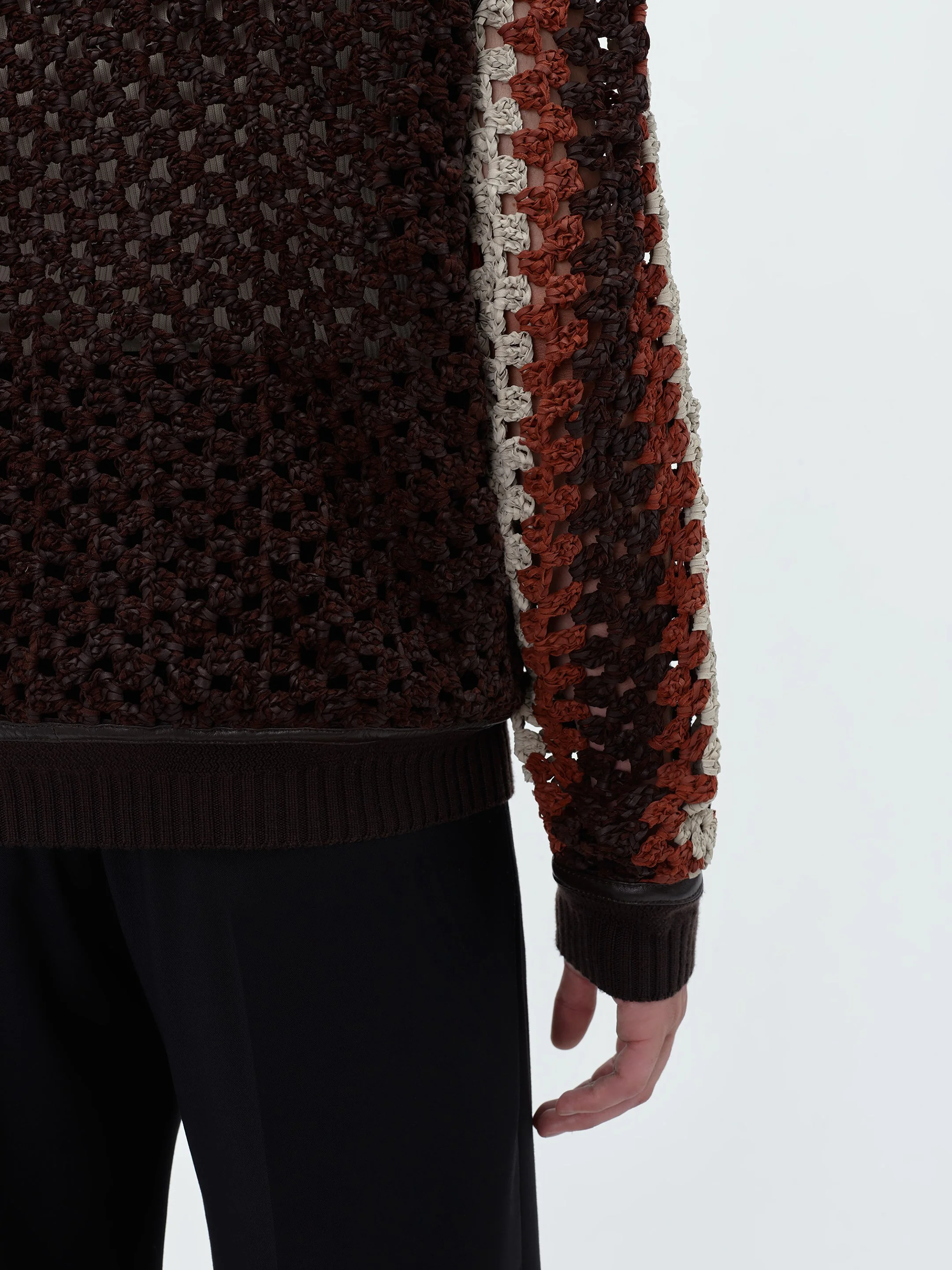 CROCHET KNIT LEATHER CARDIGAN - Shaved Chocolate
