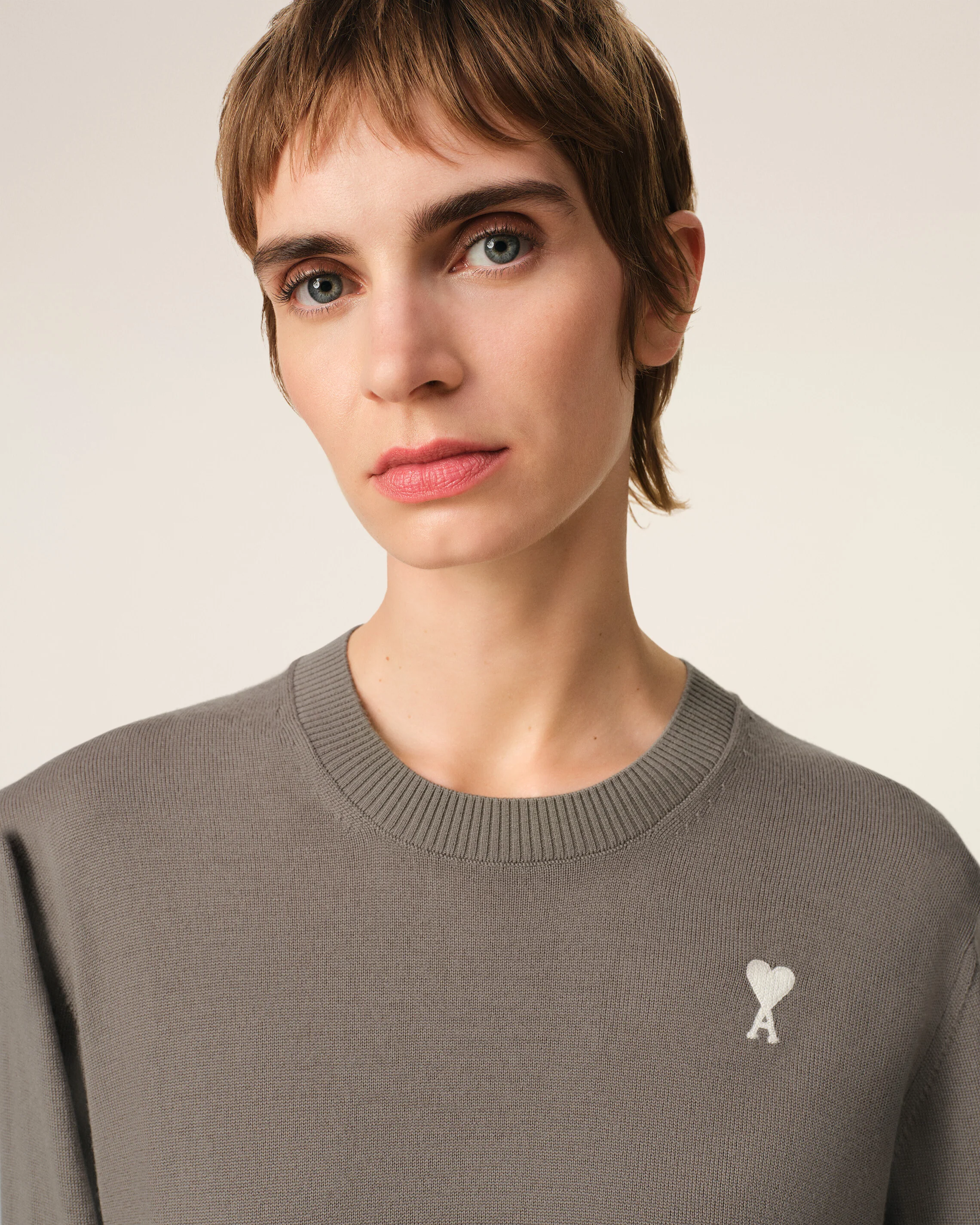 Beige Wool Ami de Coeur Crew Neck Sweater