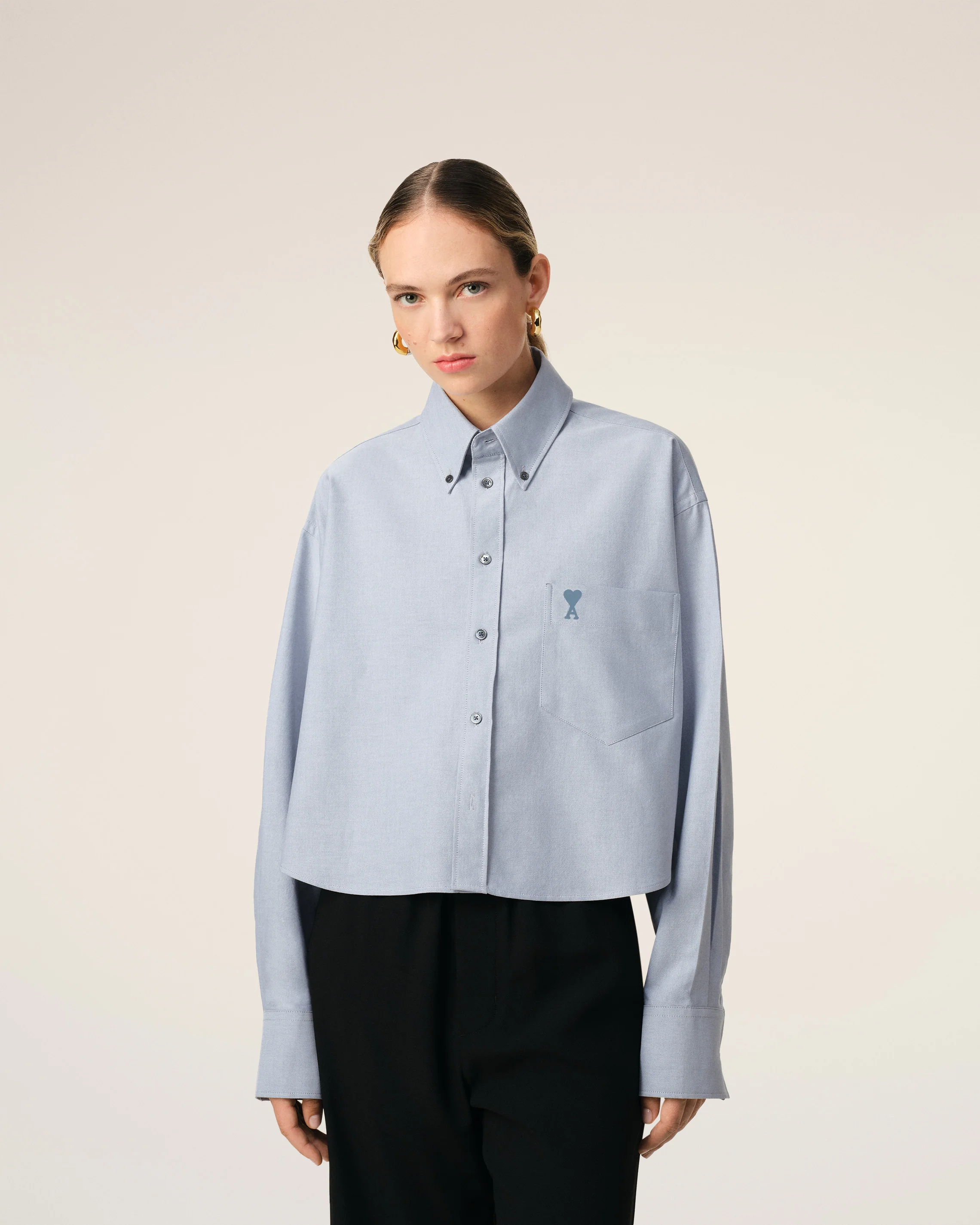 Blue Cotton Button-Down Cropped Oversized Shirt