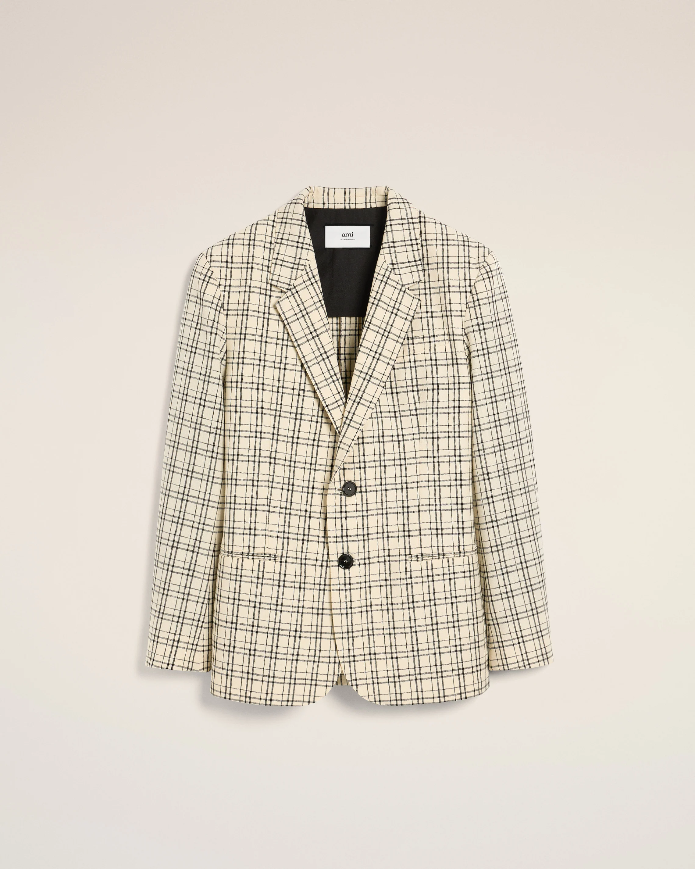 Beige Checked Wool Semi-Lined Jacket