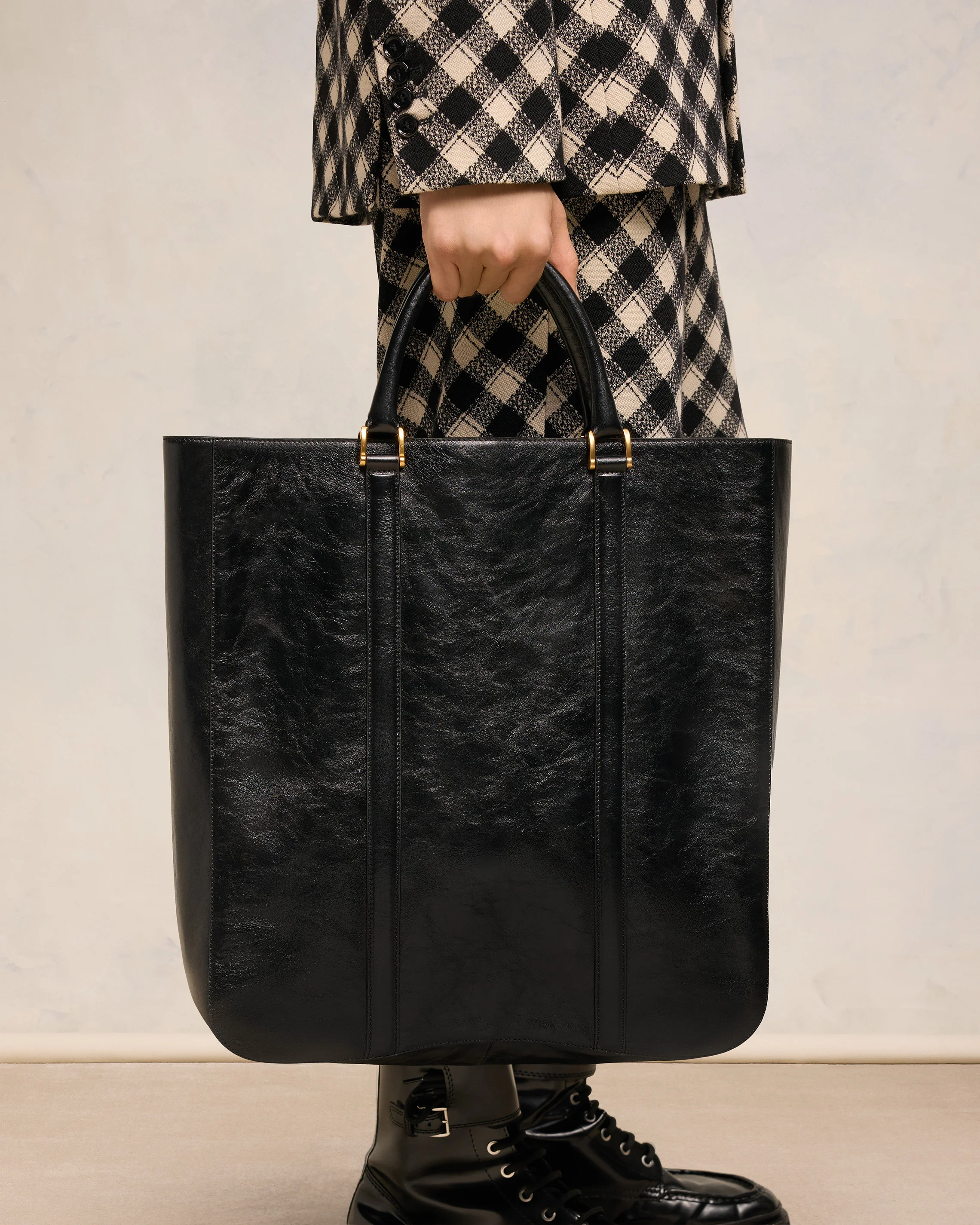 Black Leather North South Tote Bag