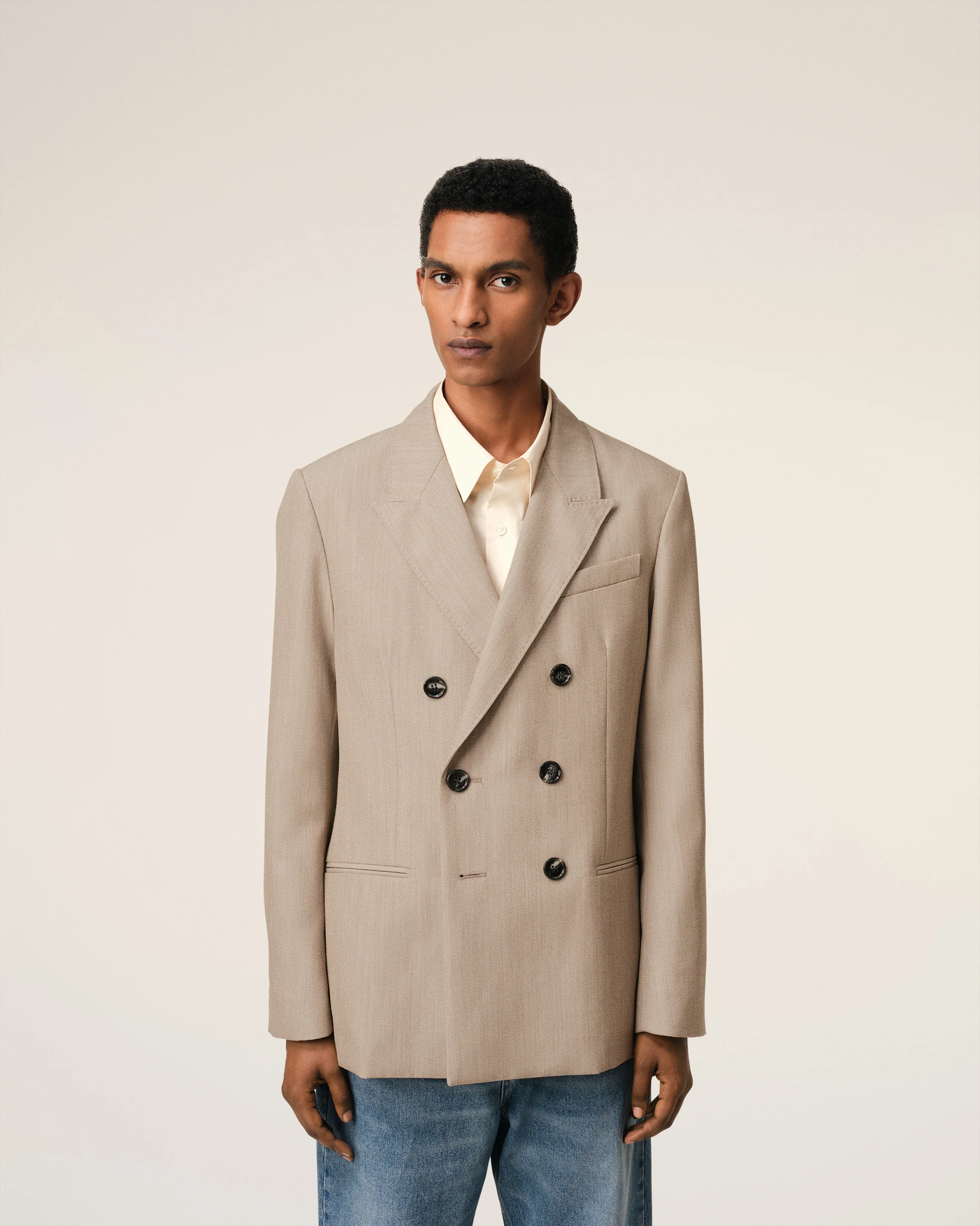 Beige Wool Back Slit Double Breasted Jacket