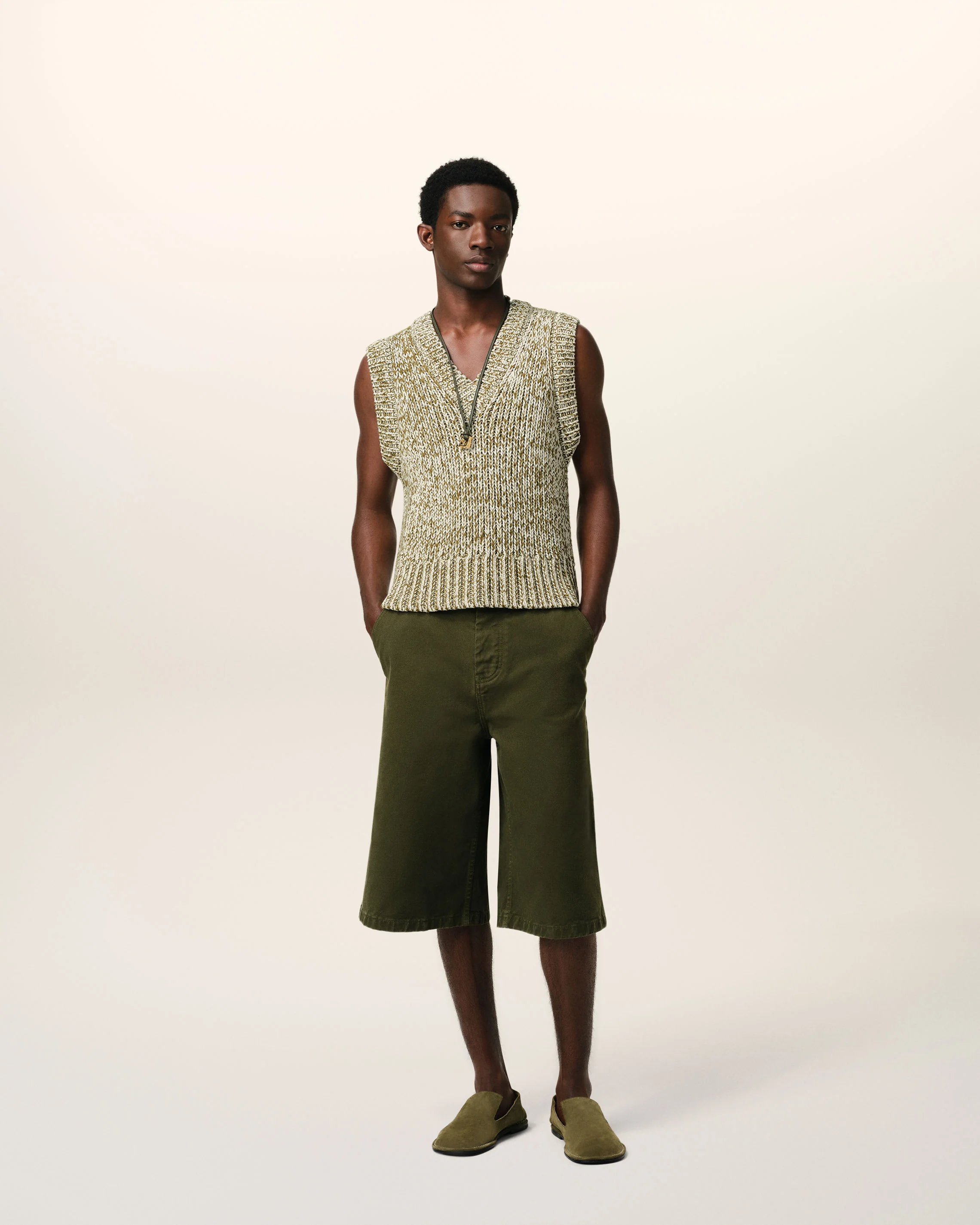 Green Cotton And Wool Sleeveless V Neck Sweater