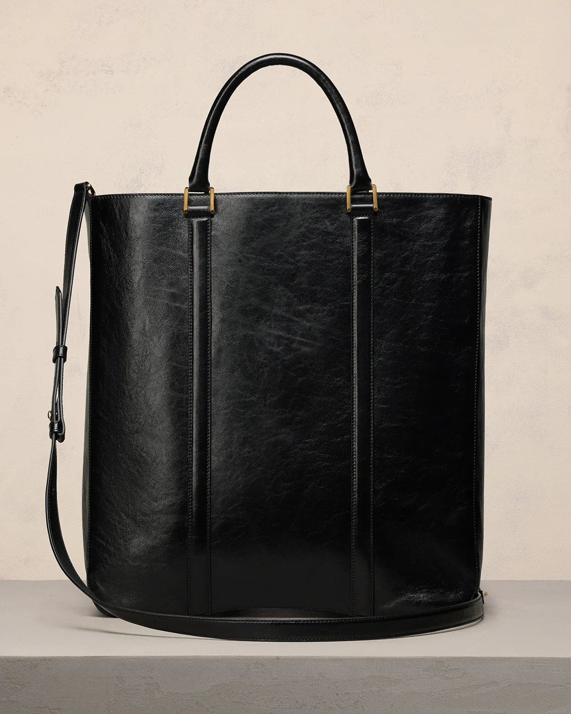 Black Leather North South Tote Bag