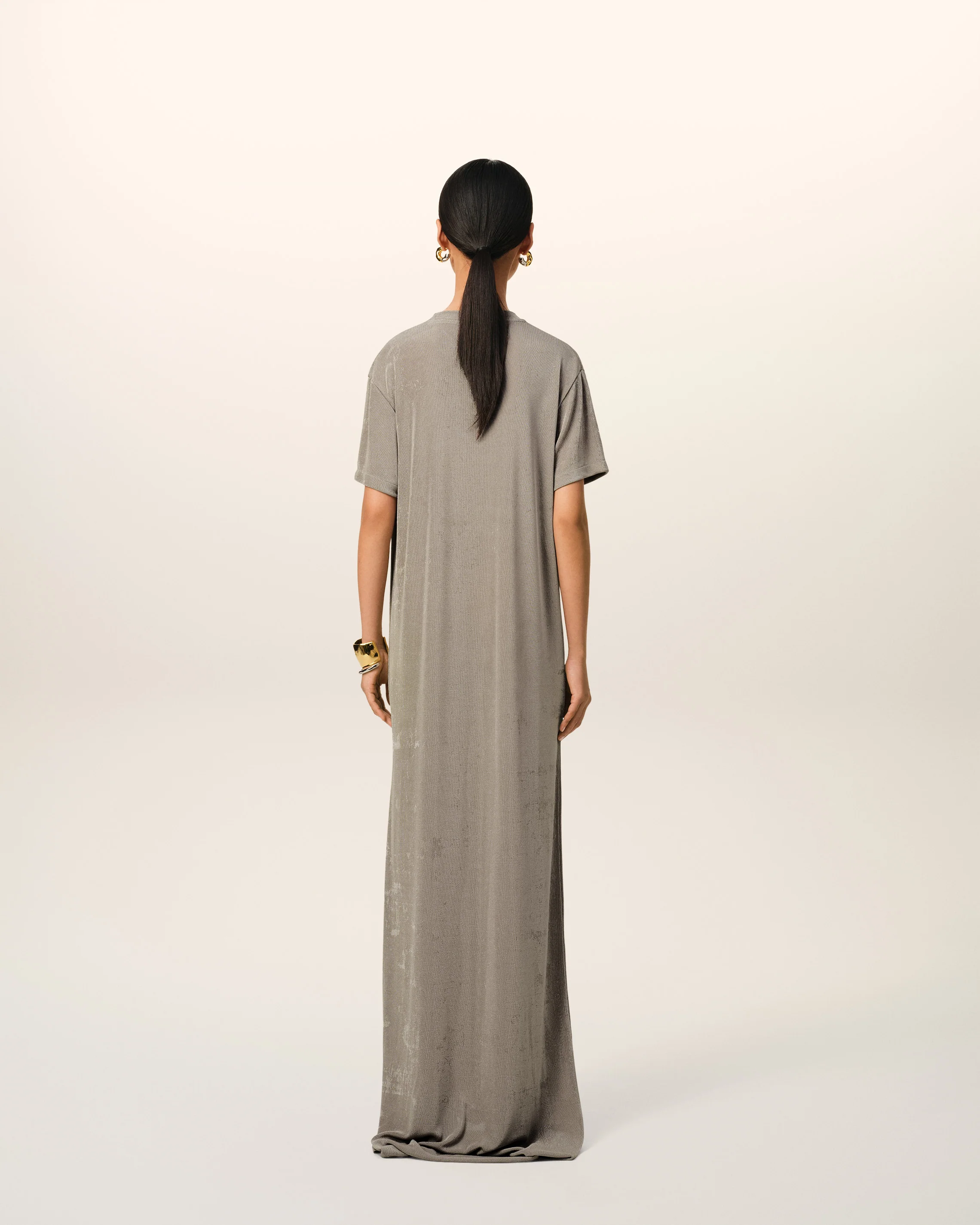 Beige Rib Jersey Short Sleeve Long Dress