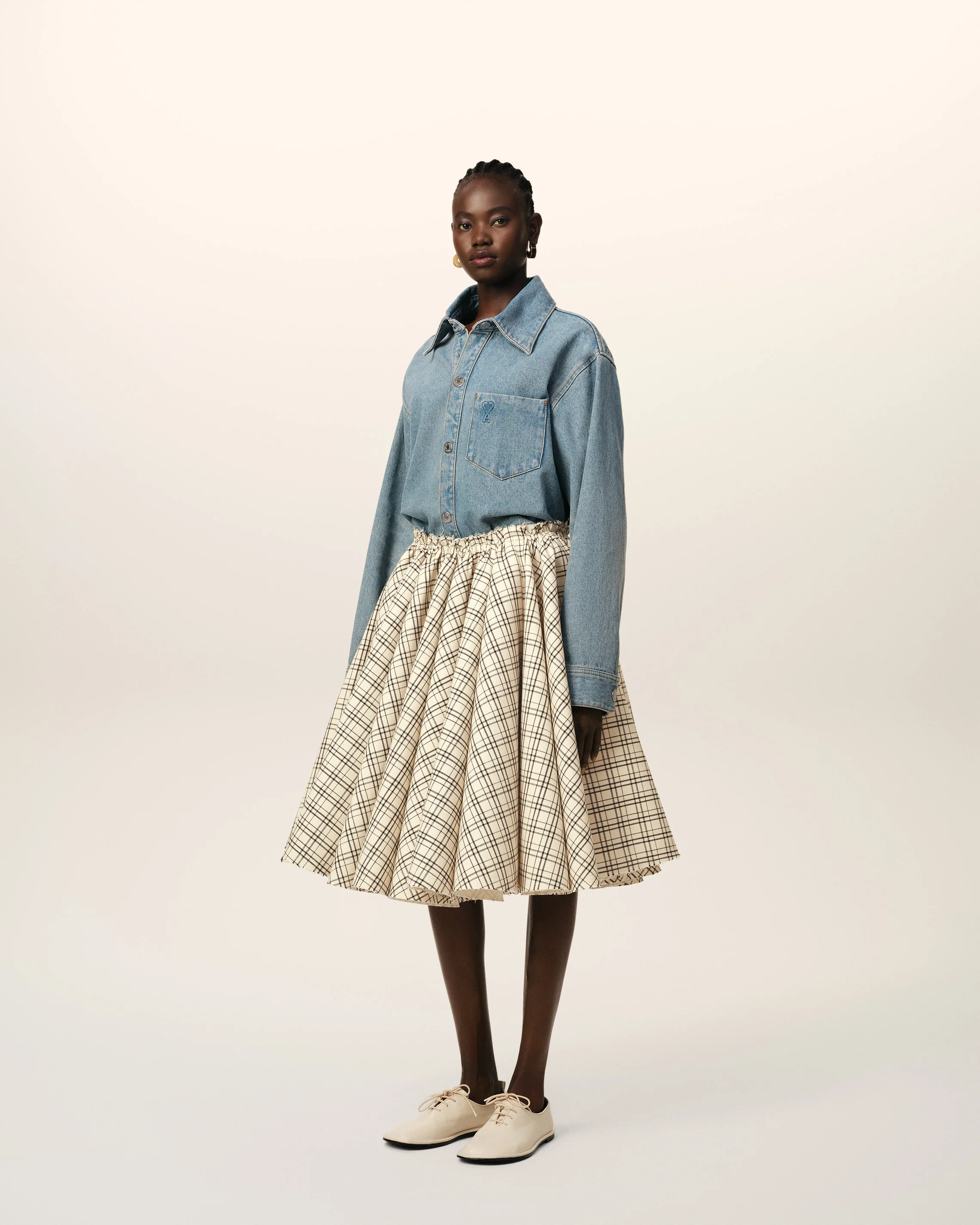 Beige Checked Wool Skirt With Godets