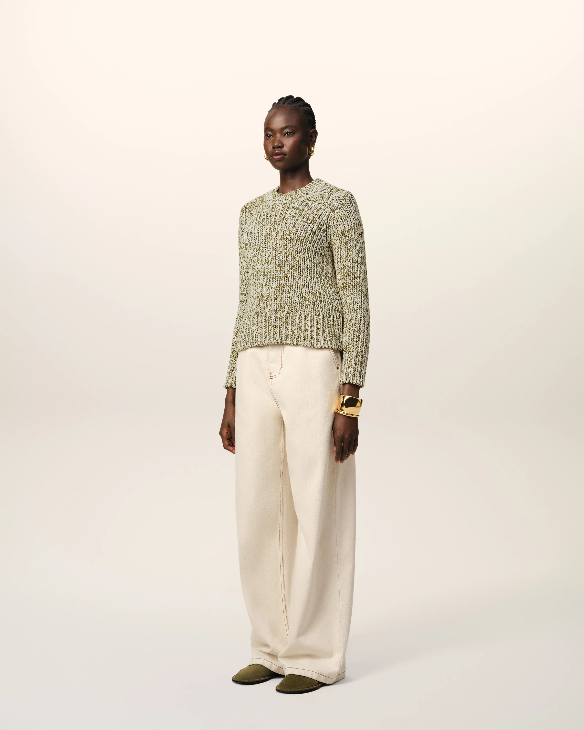 Green Mouliné Textured Knit Crewneck Sweater