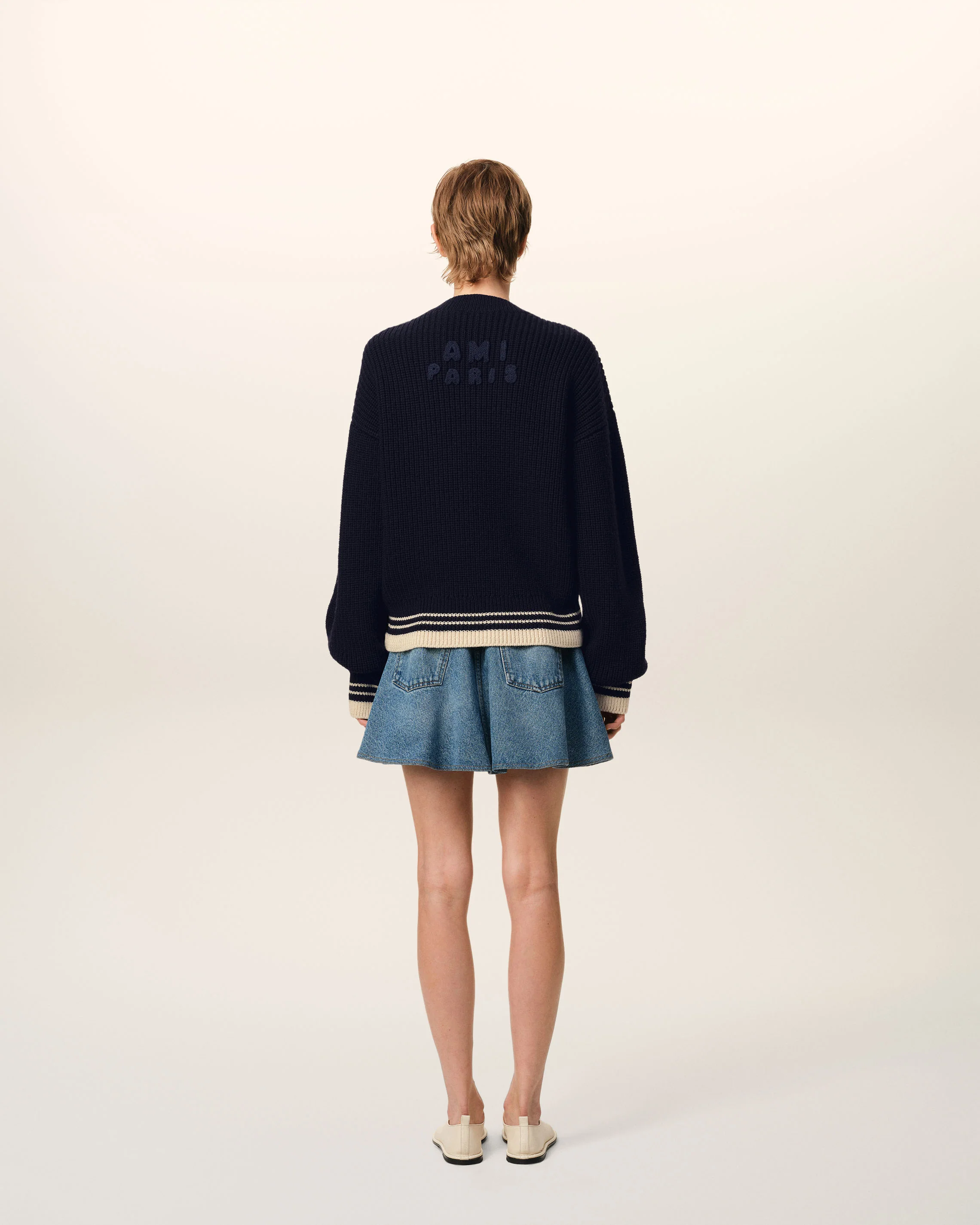 Navy Wool Ribbed V Neck Sweater