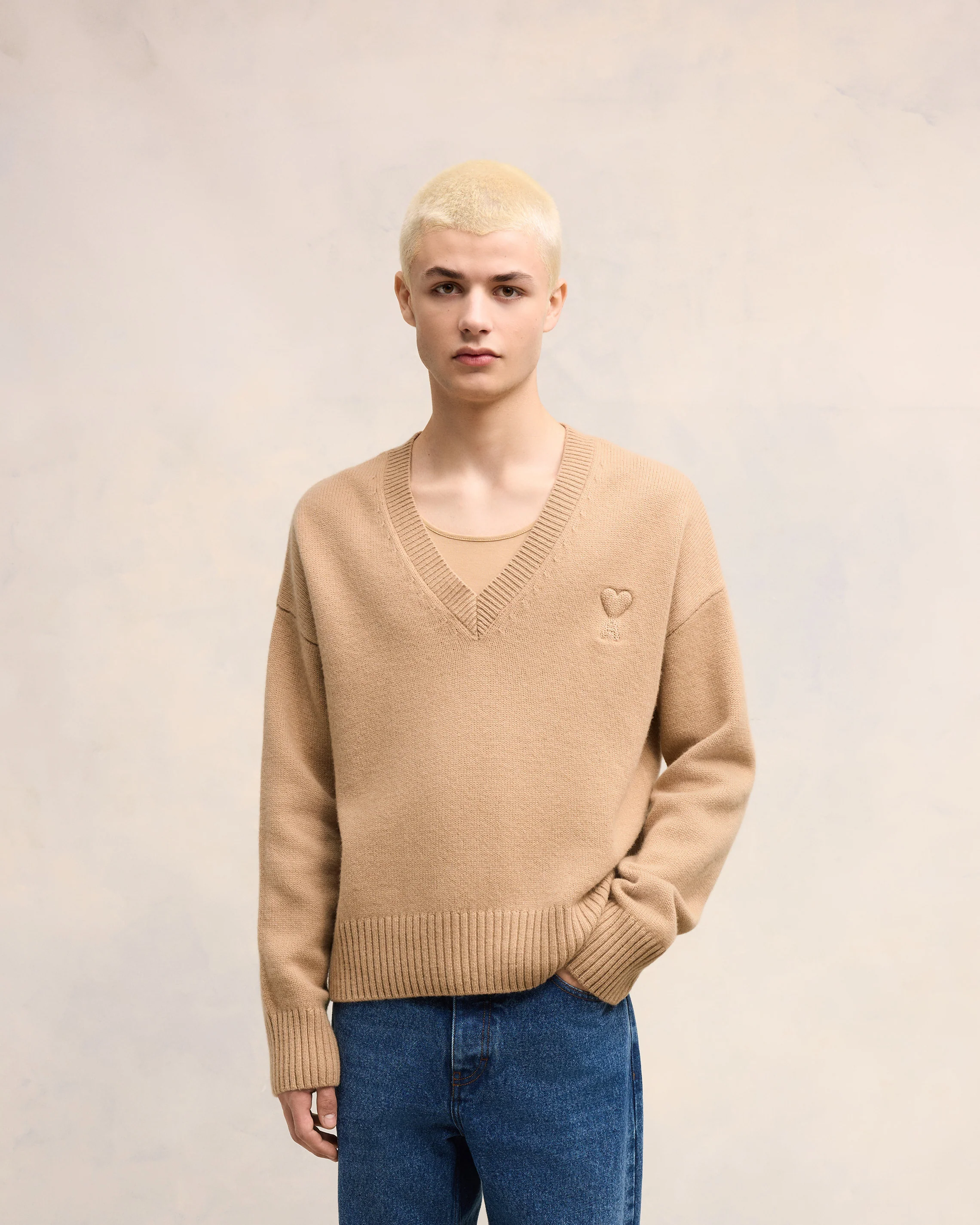 Embossed Ami de Coeur V Neck Sweater