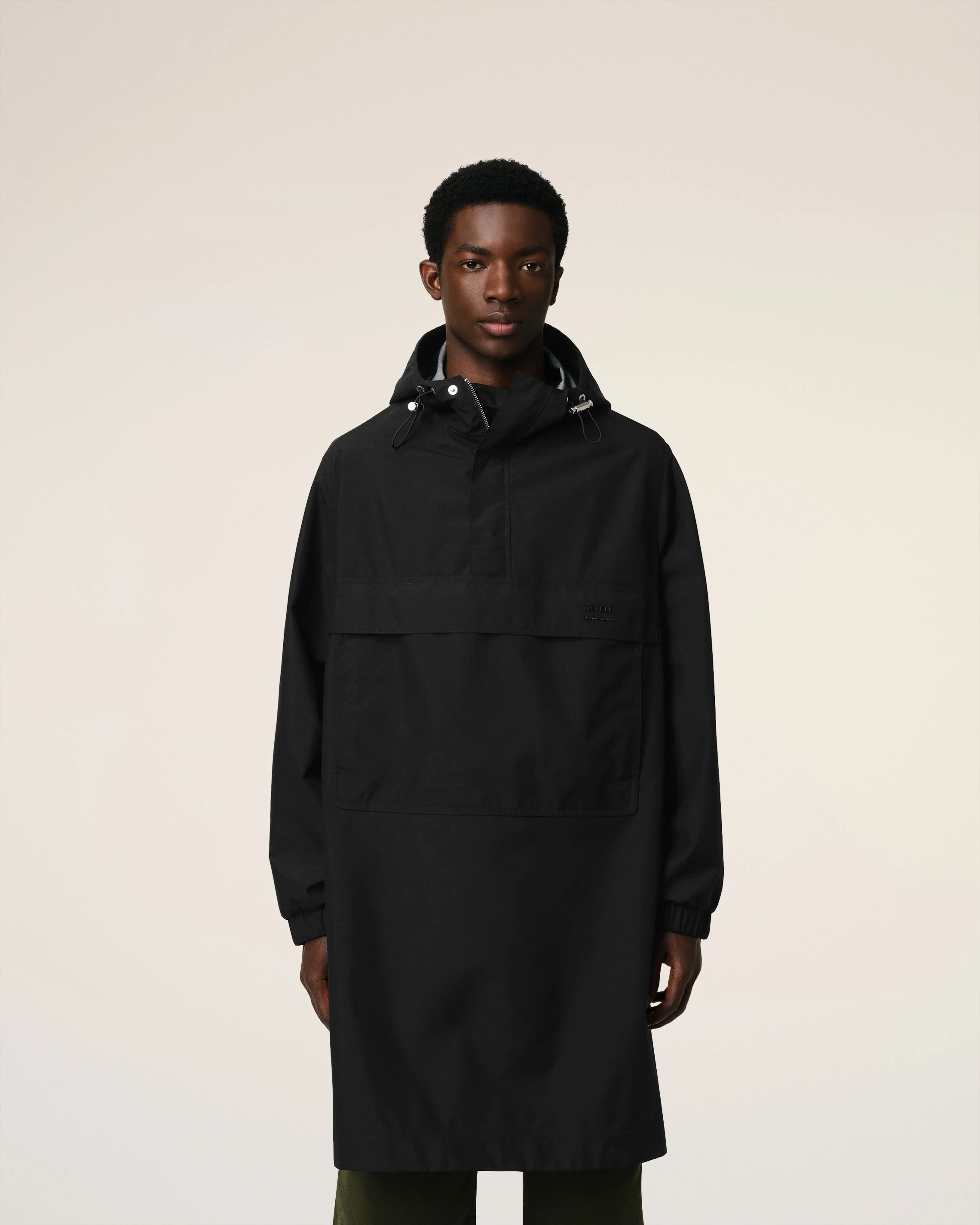 Black Water-repellent Long Hooded Windbreaker