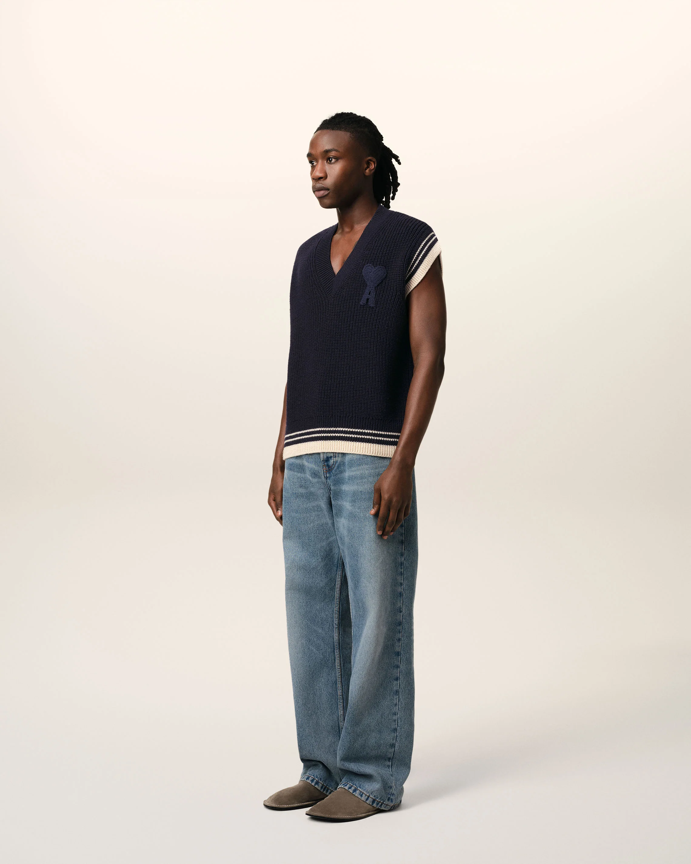 Navy Wool Ribbed Sleeveless V Neck Sweater