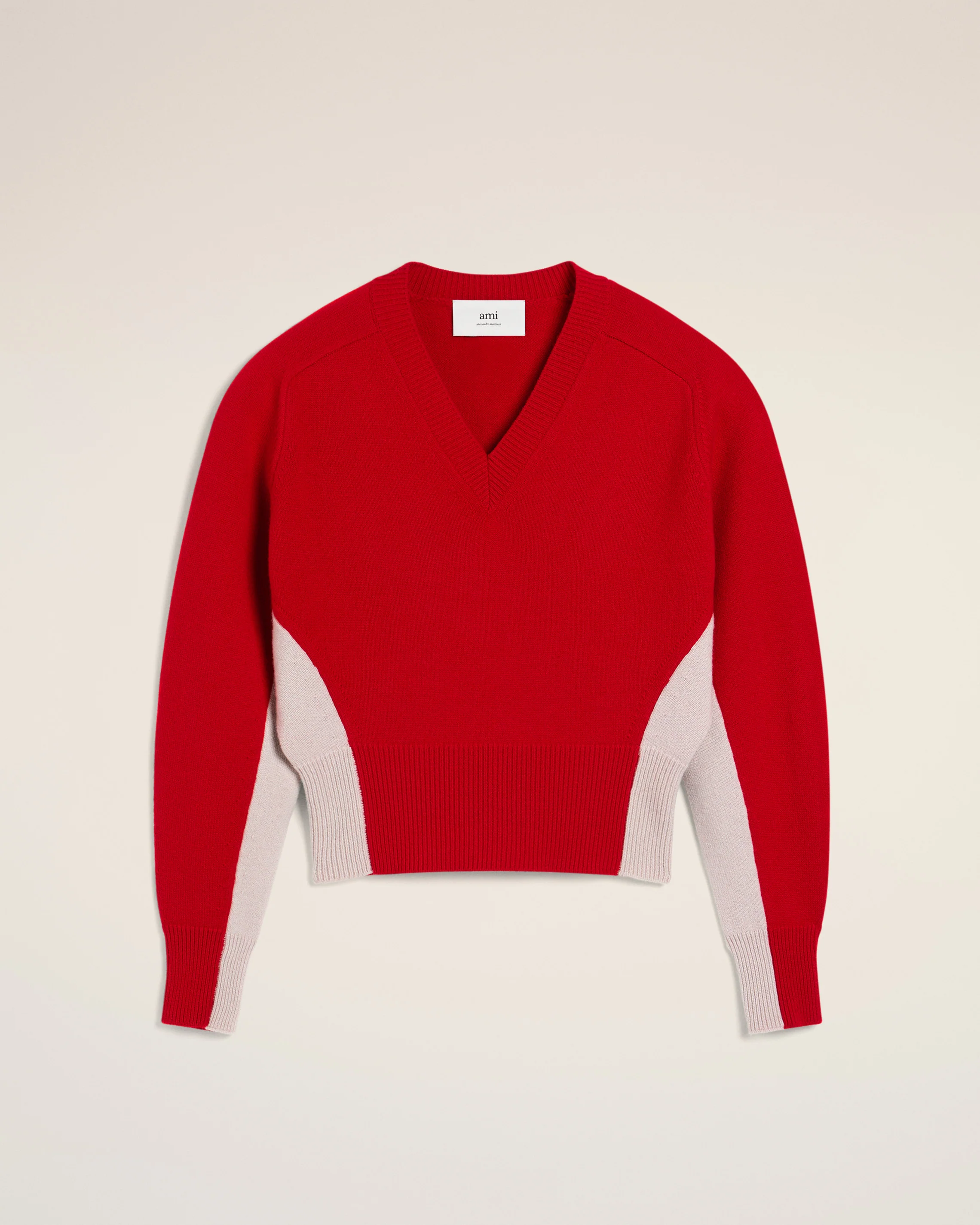 Red Wool Knit Bicolor V Neck Sweater