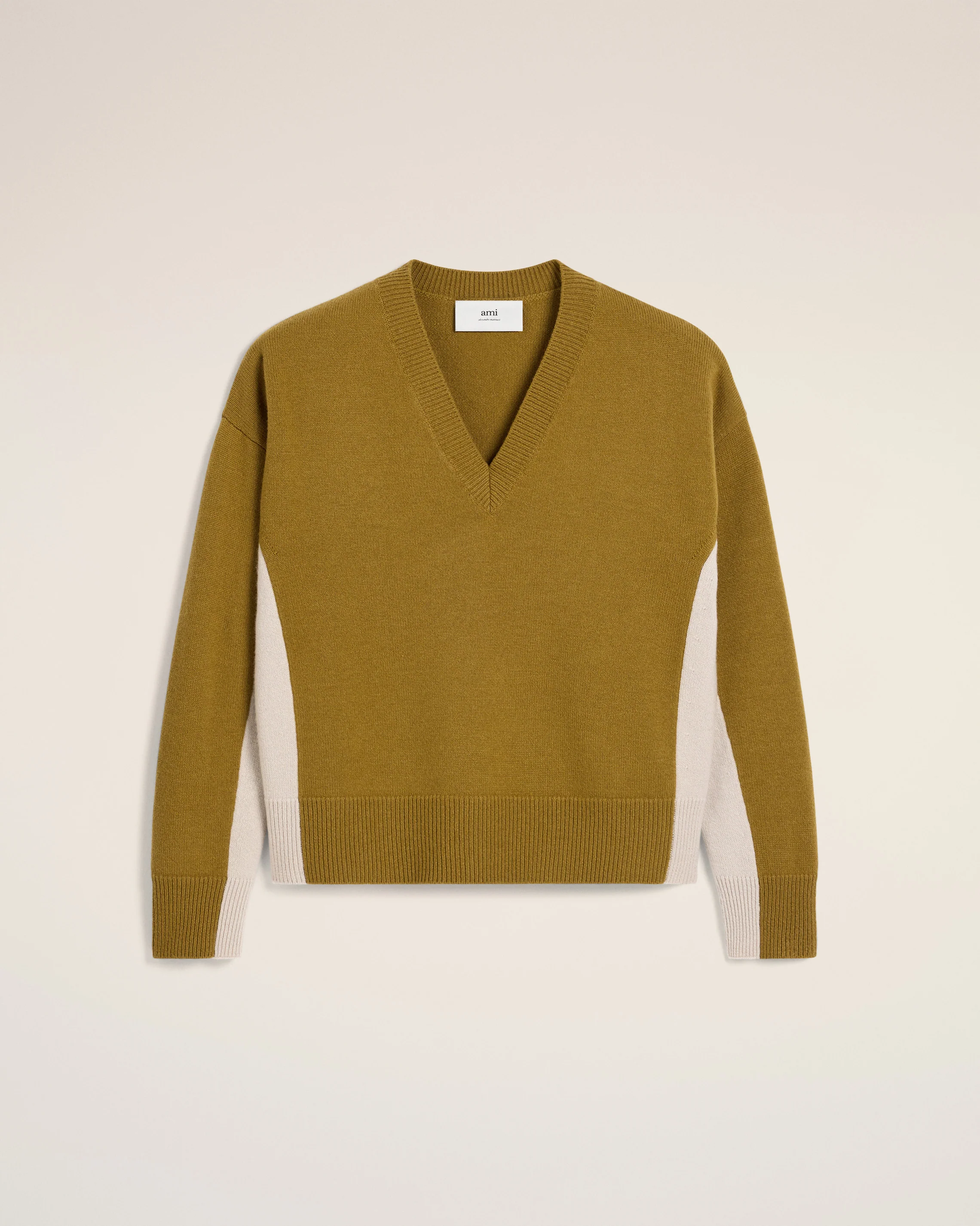 Khaki Wool Knit Bicolor V Neck Sweater