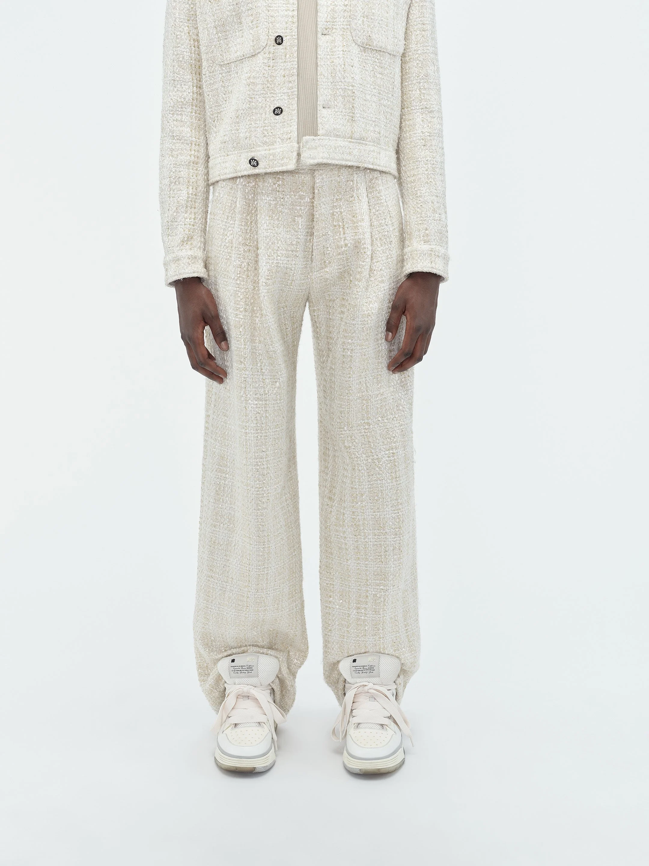 SEQUIN BOUCLE DOUBLE PLEATED PANT - Alabaster