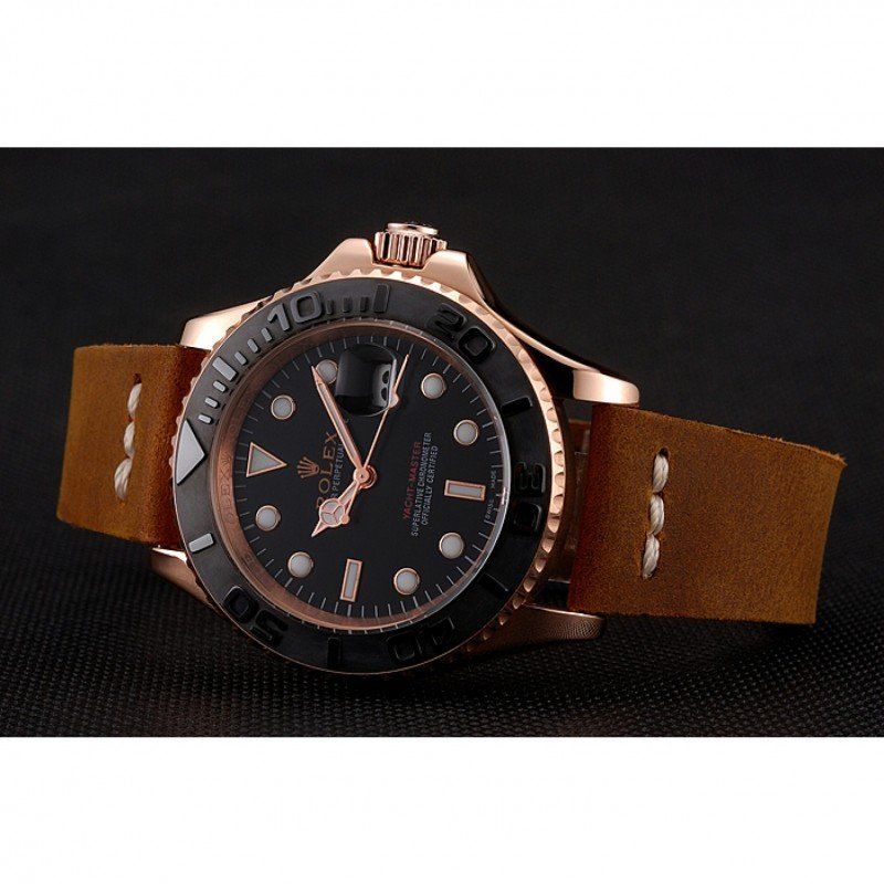 Rolex Yacht-Master Black Dial Rose Gold Case Brown Leather Bracelet 1453861 - Orolen