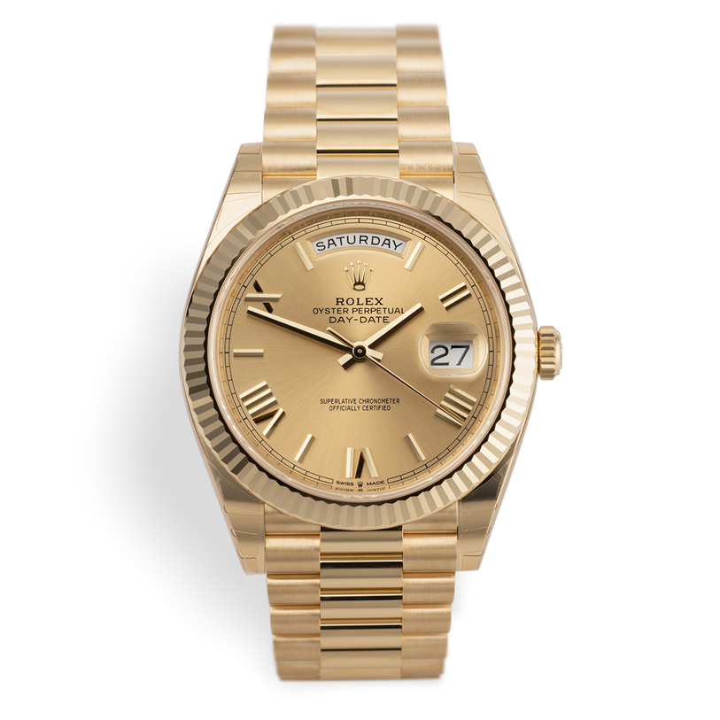 Rolex 228238 DAY-DATE 40MM PRESIDENT 18K YELLOW GOLD SILVER ROMAN DIAL - Orolen