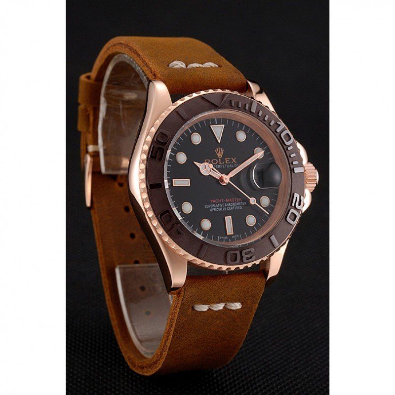 rol€x Yacht-Master Black Dial Brown Bezel Rose Gold Case Brown Leather Bracelet 1453860
