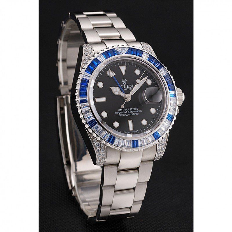 Swiss Rolex GMT Master II Black Dial Stone Set Bezel Stainless Steel Case And Bracelet 1453747 - Orolen