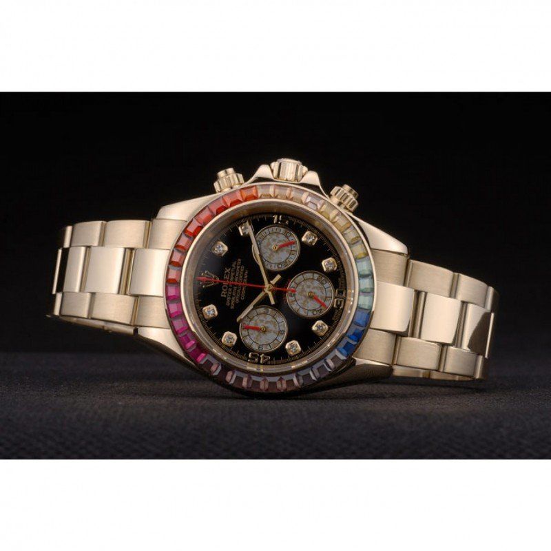 Rolex Daytona Cosmograph Rainbow Crystals Bezel Rose Gold Strap Black Dial 80251 - Orolen