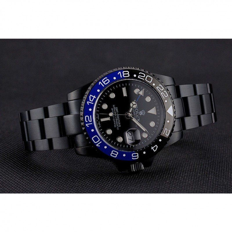 Swiss Rolex GMT Master II Black Dial Blue And Black Bezel Black PVD Case And Bracelet PR18239 - Orolen